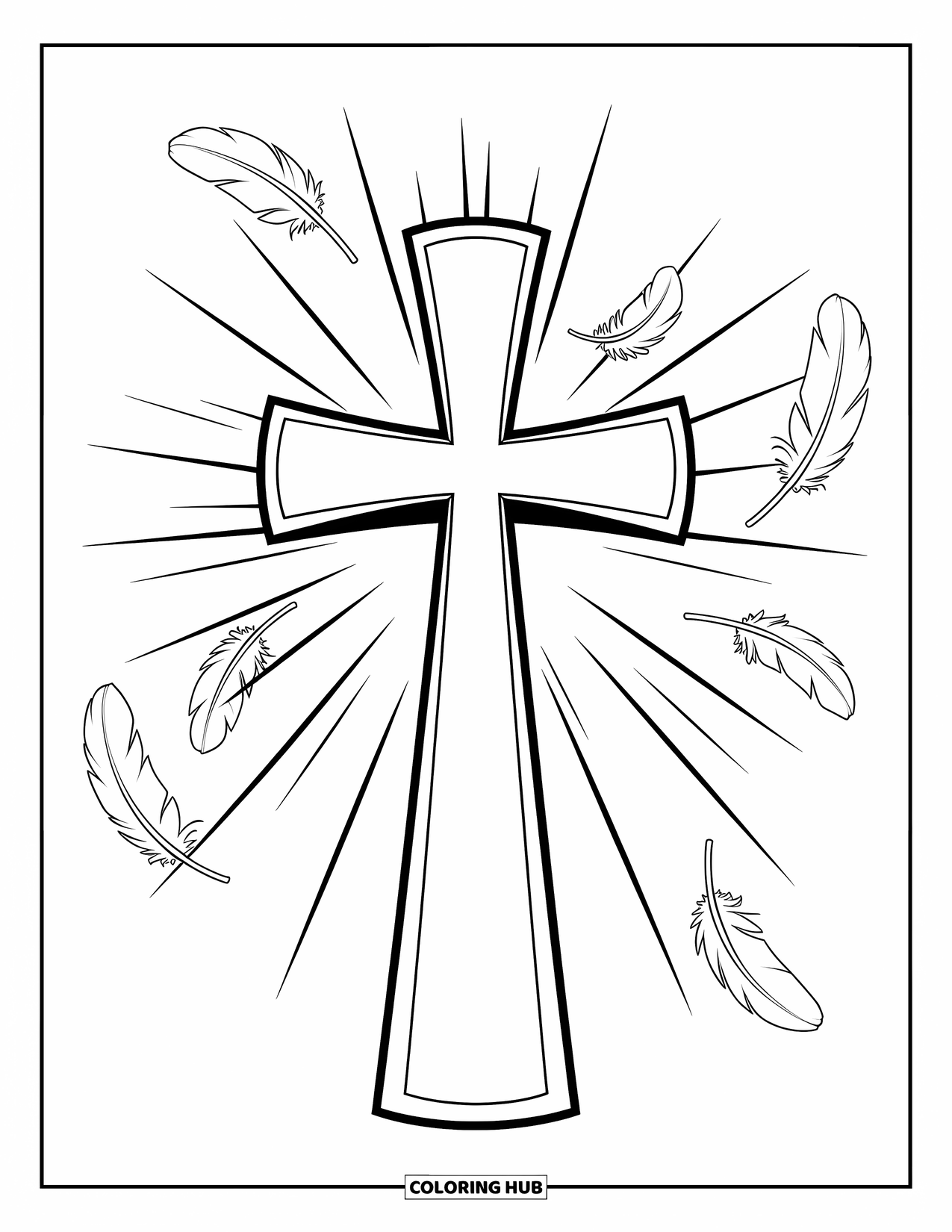 Cross Coloring Page for Kids: A bright cross with radiating rays and soft, floating feathers