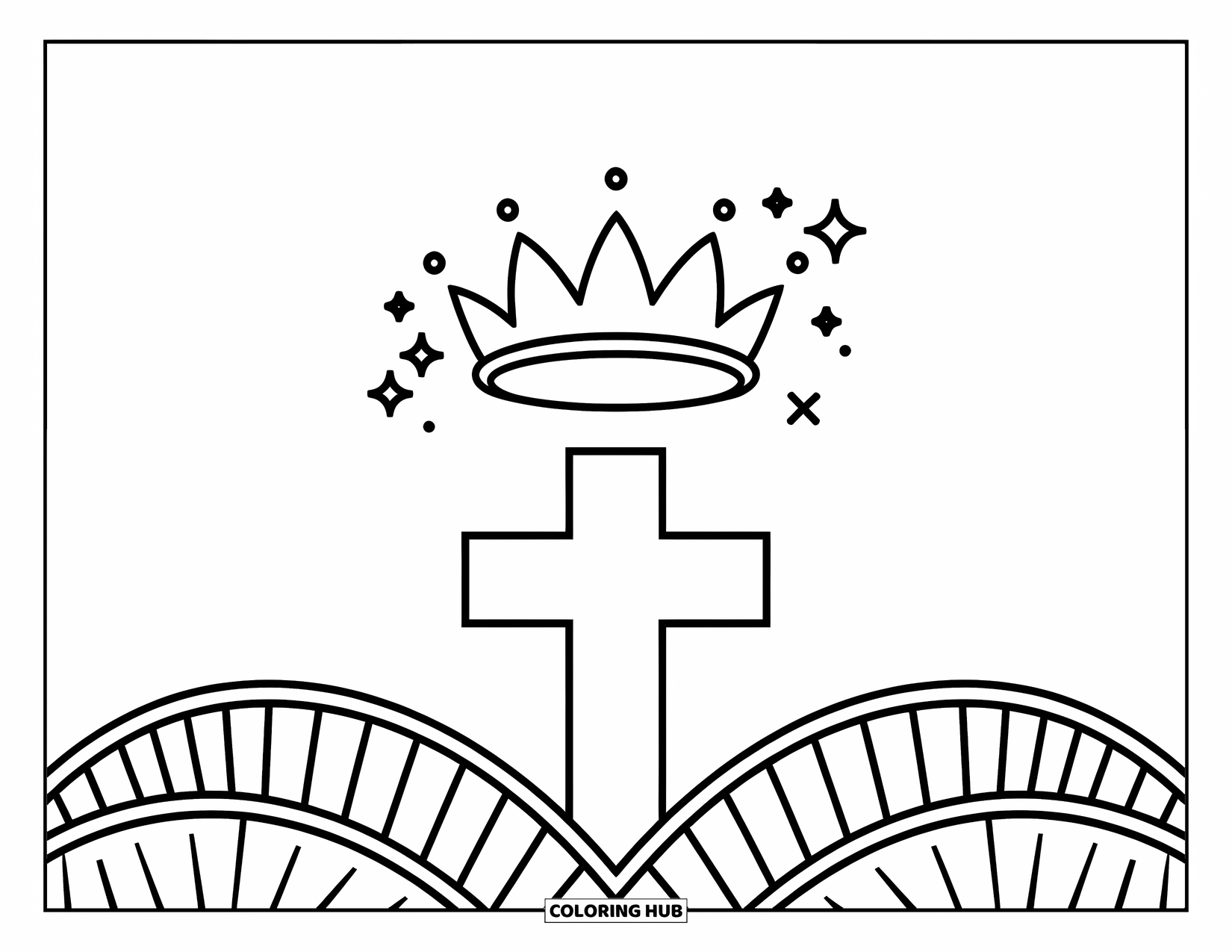 Cross Coloring Page for Kids: A cheerful cross with a crown and sparkles
