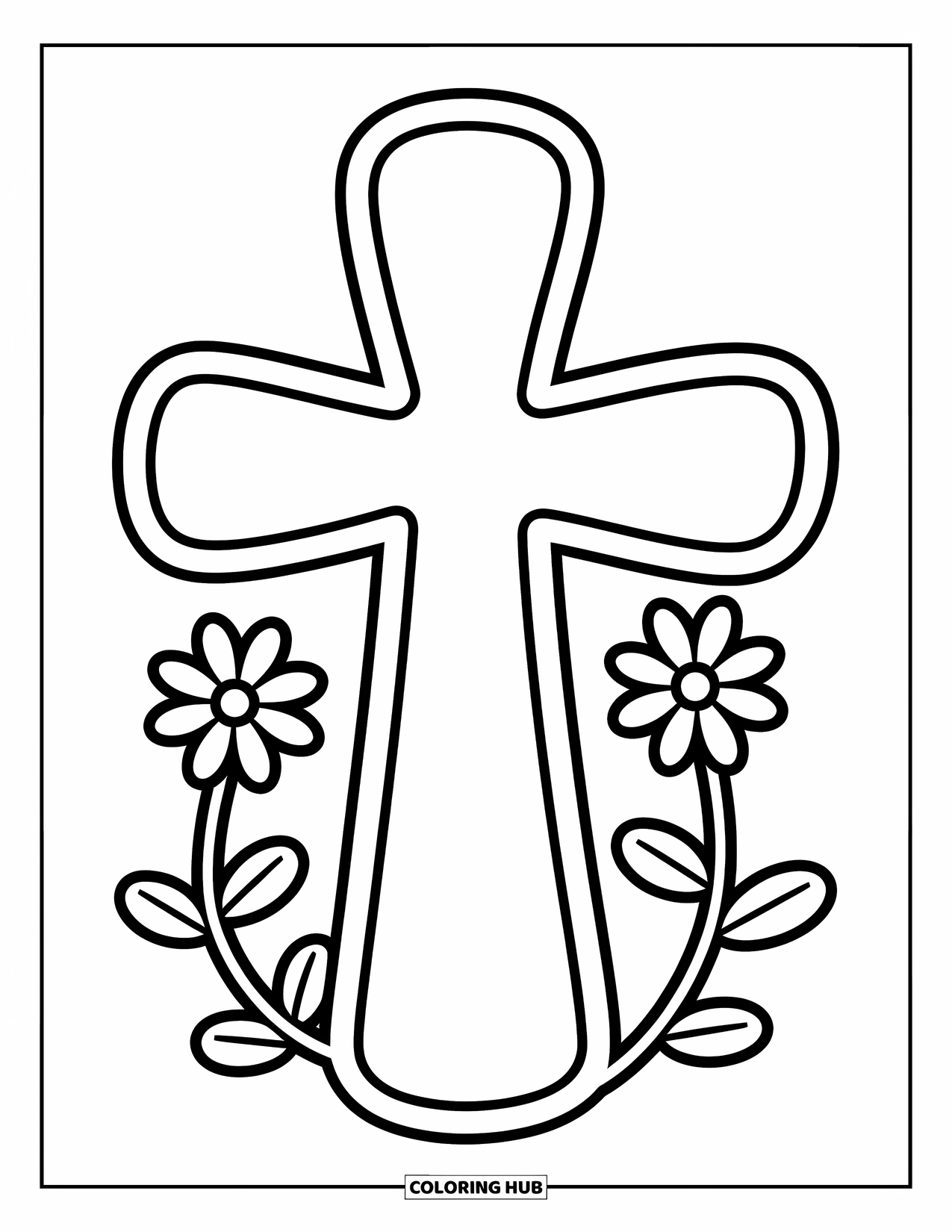 Cross Coloring Page for Kids: A chunky cross with flower vines curling gently at the base