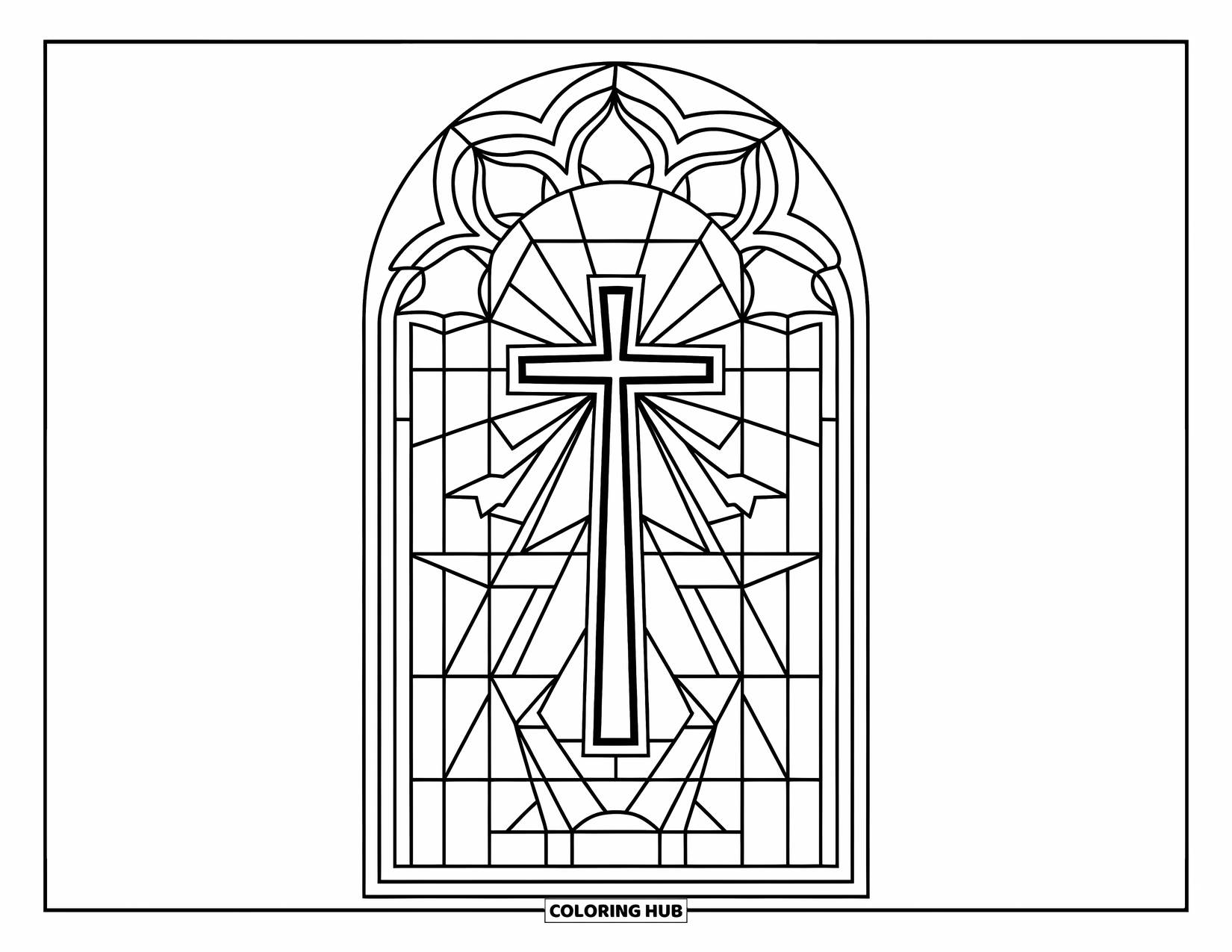 Cross Coloring Page for Kids: A church window frames a cross with bold, geometric shapes all around