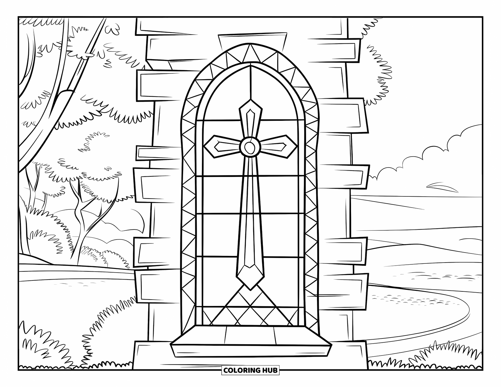 Cross Coloring Page for Kids: A church window with a cross looks out onto peaceful trees and a path