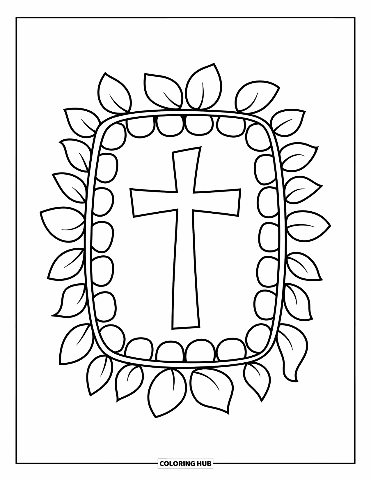 Cross Coloring Page for Kids: A cross inside a swirly leaf frame with a bold border