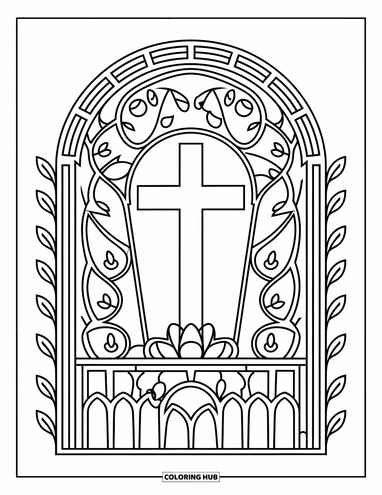 Cross Coloring Page for Kids: A cross is framed by a vine-covered arch with stained-glass patterns