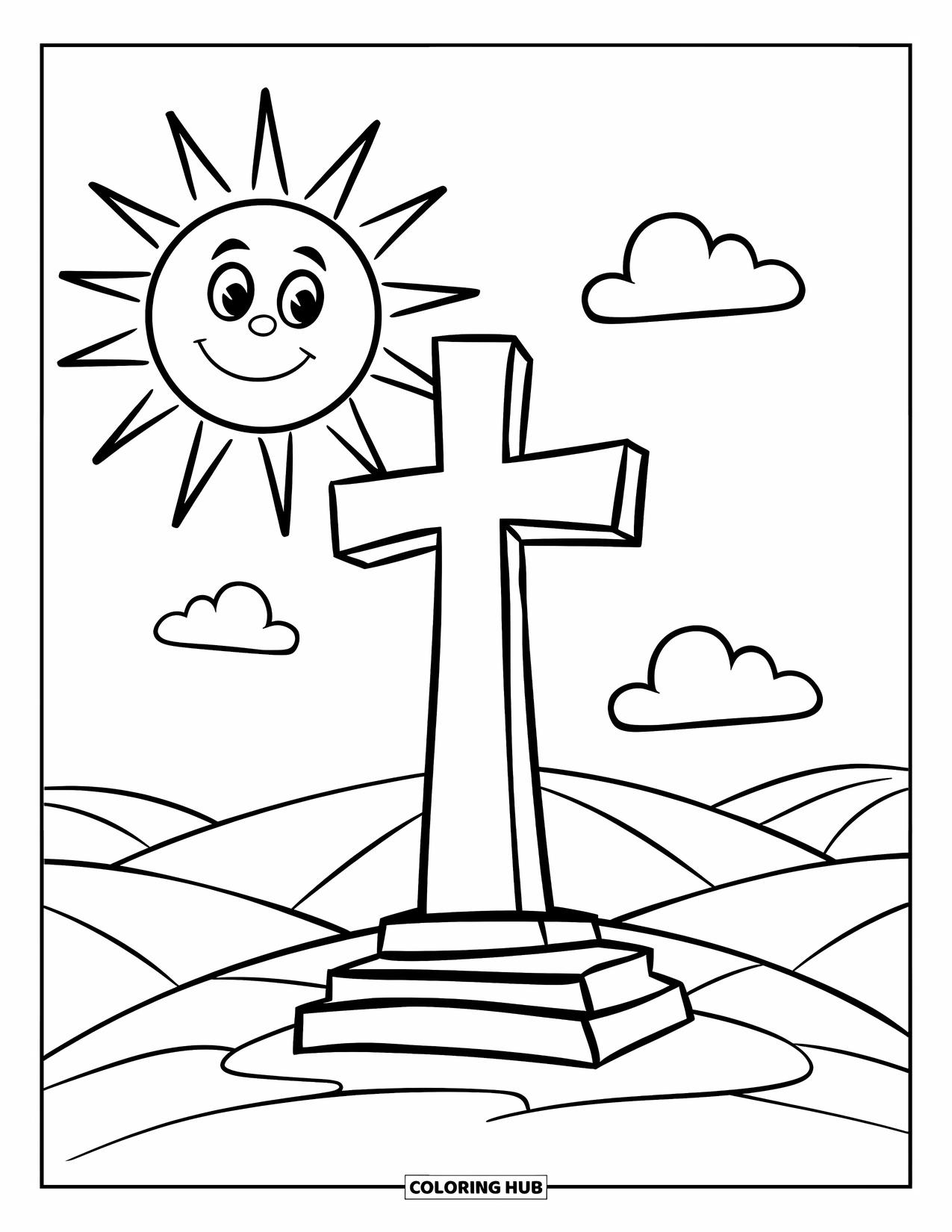 Cross Coloring Page for Kids: A cross on a hill under a beaming sun and fluffy clouds