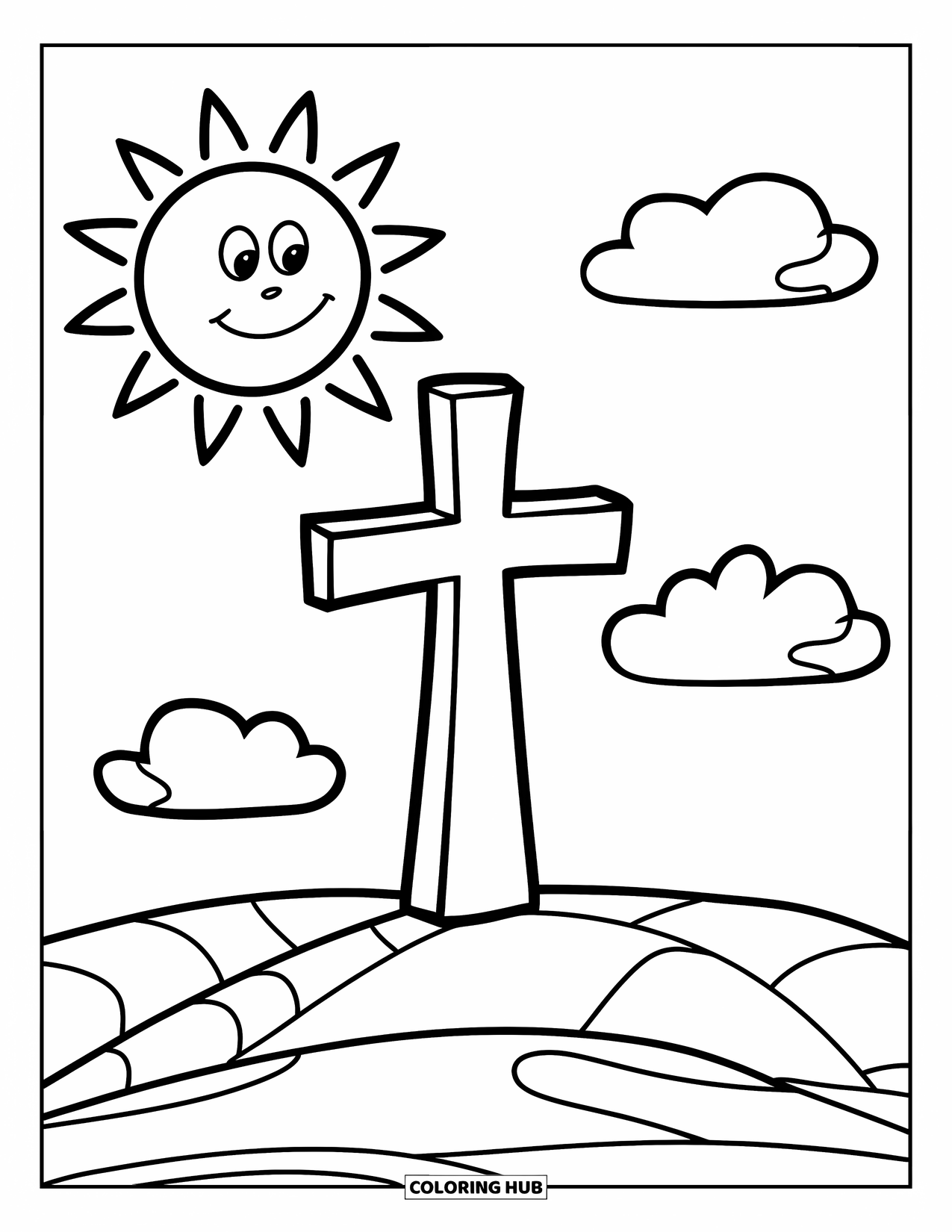 Cross Coloring Page for Kids: A cross on a hill with a smiling sun and three fluffy clouds