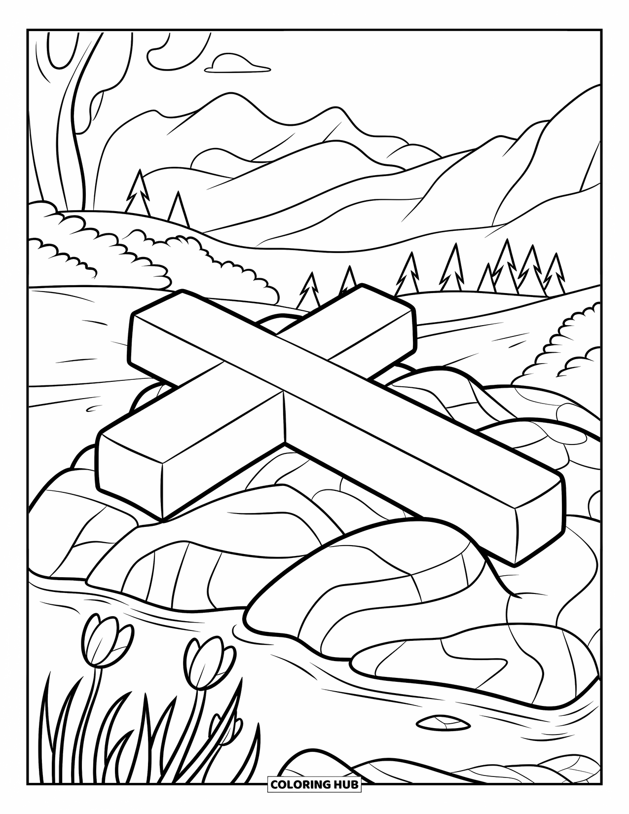Cross Coloring Page for Kids: A cross rests on rocky ground near a stream and blooming wildflowers