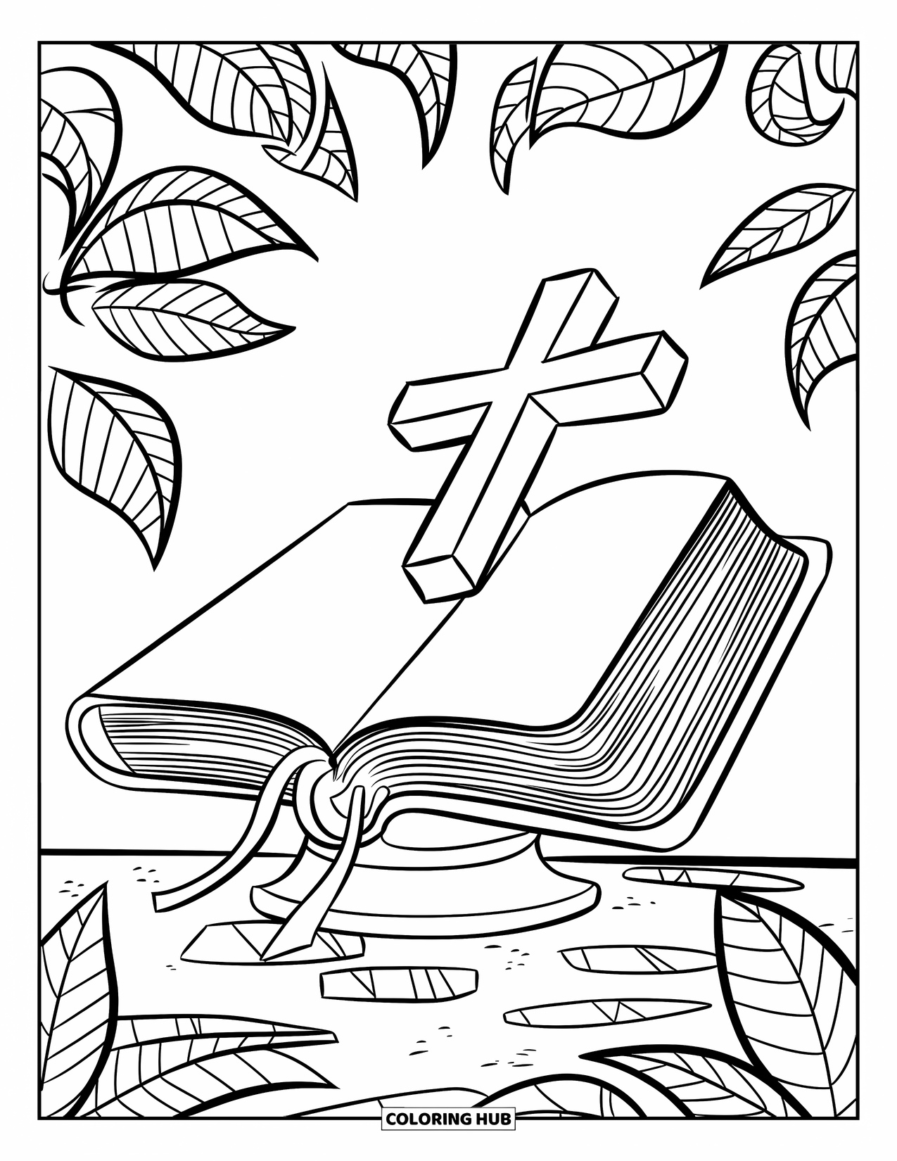 Cross Coloring Page for Kids: A cross rising from a Bible on a stone, with detailed leaves nearby