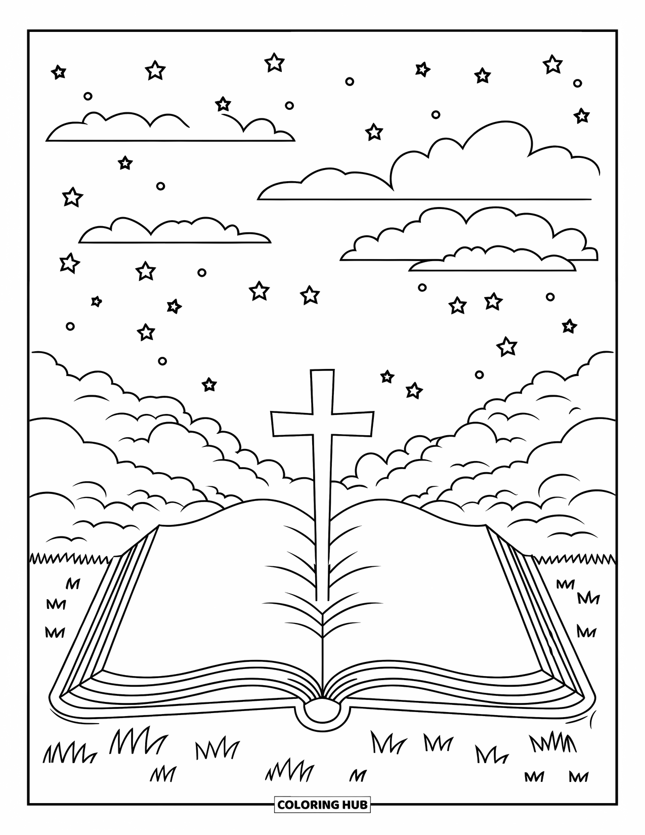 Cross Coloring Page for Kids: A cross rising from an open Bible under clouds and a starry night sky