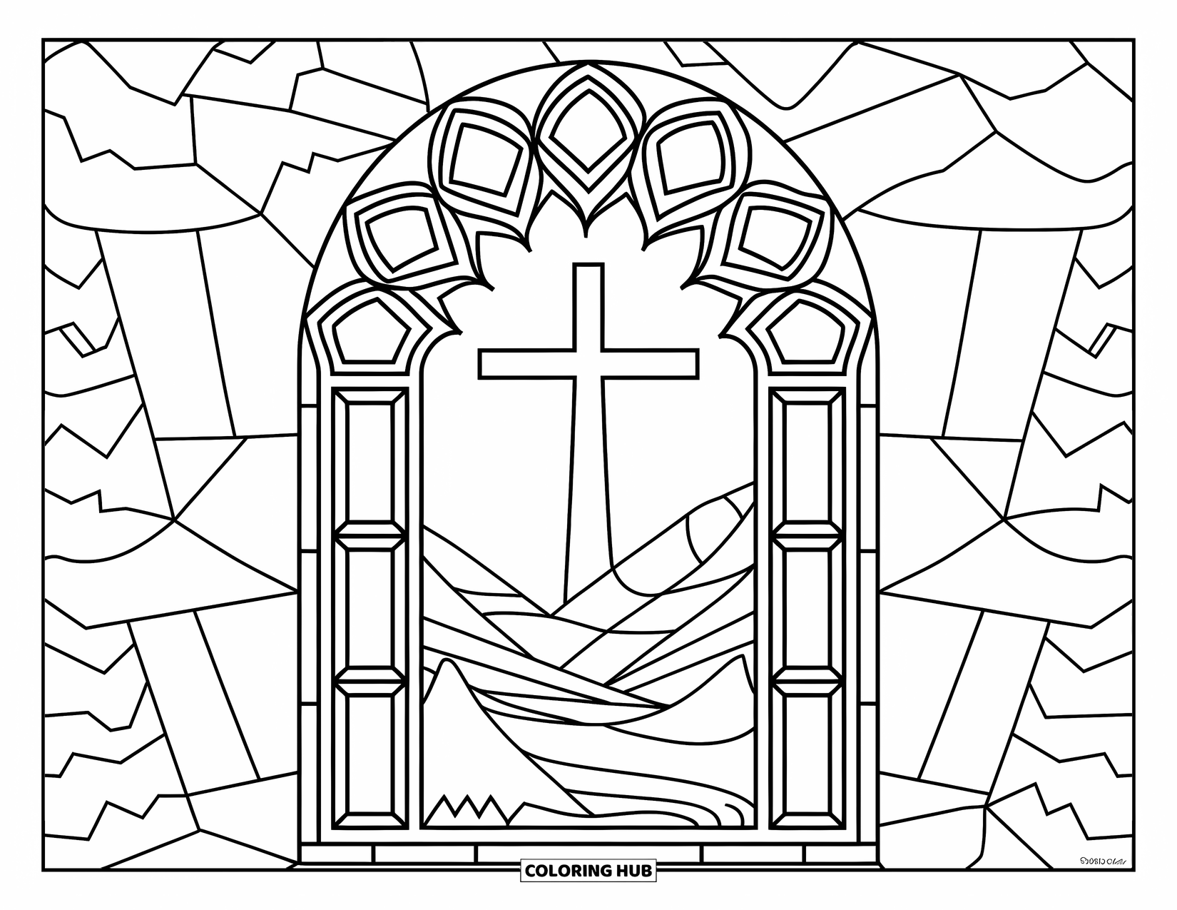 Cross Coloring Page for Kids: A cross shines through a patterned church window with distant trees behind