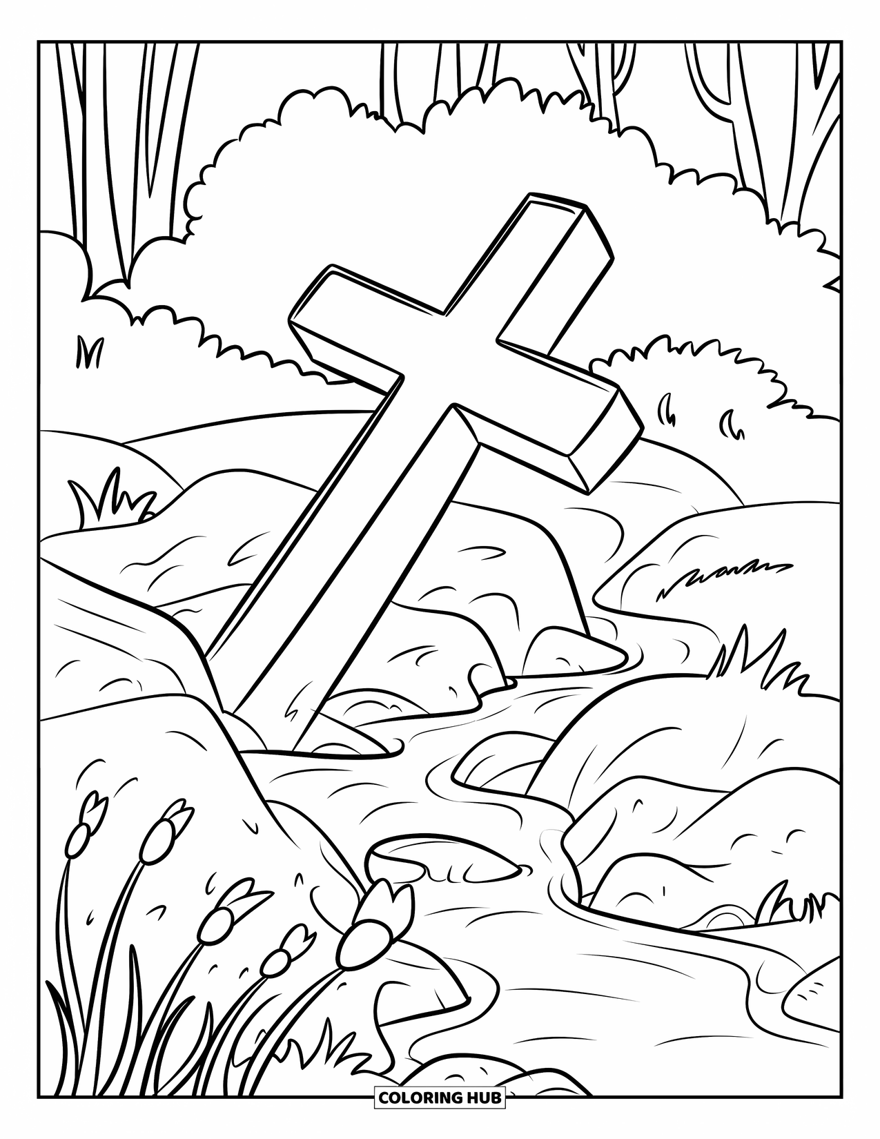 Cross Coloring Page for Kids: A cross sits quietly near a stream in a lush forest setting