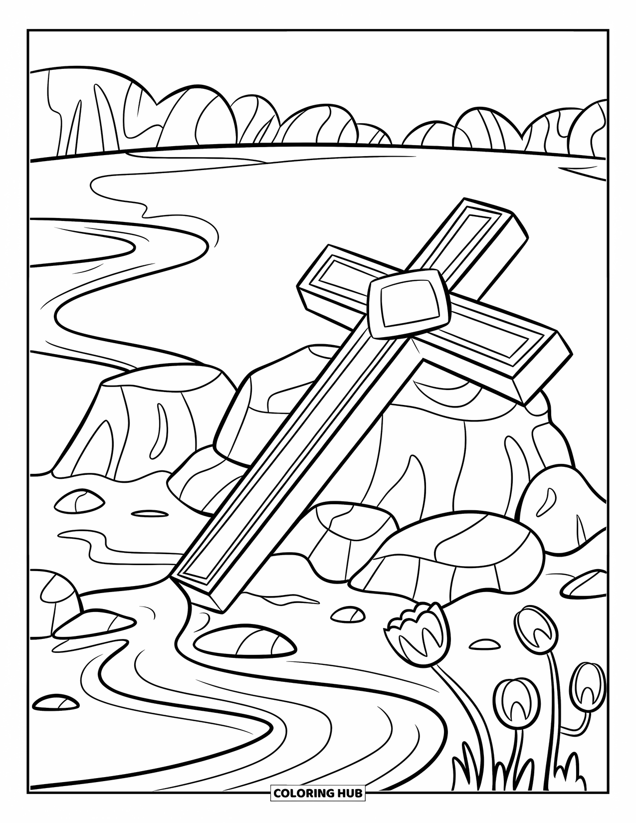 Cross Coloring Page for Kids: A cross stands on rocky terrain with a winding stream and gentle trees