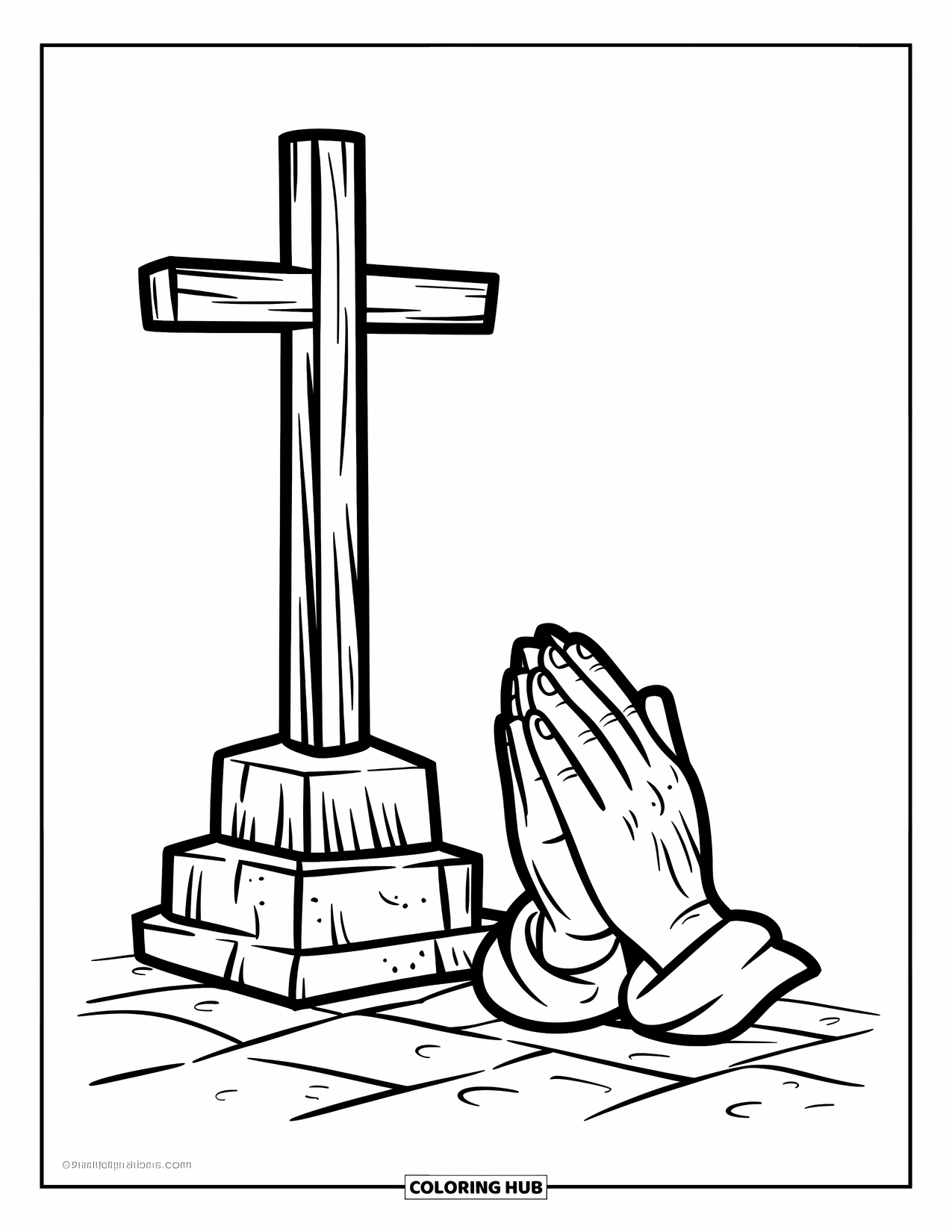 Cross Coloring Page for Kids: A cross stands tall near folded praying hands on stone blocks