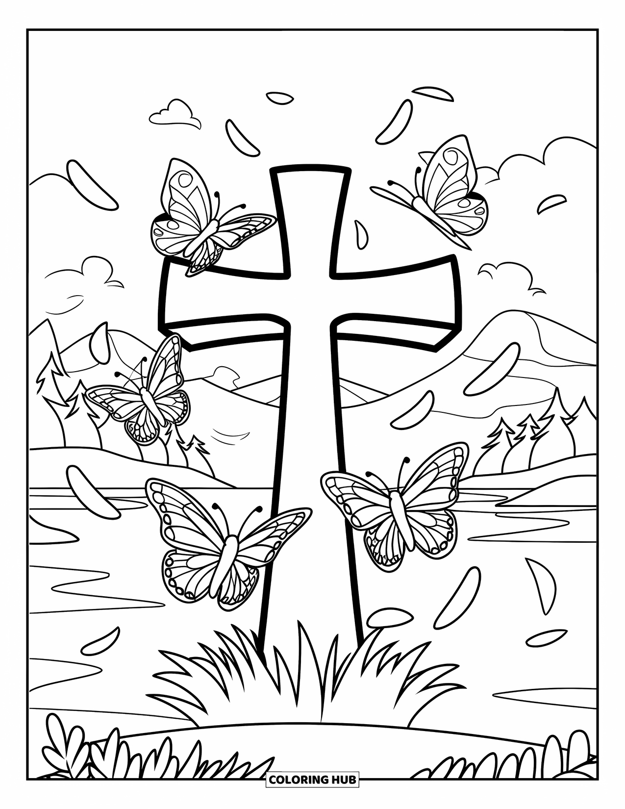Cross Coloring Page for Kids: A cross surrounded by butterflies and petals, set in a calm mountain scene