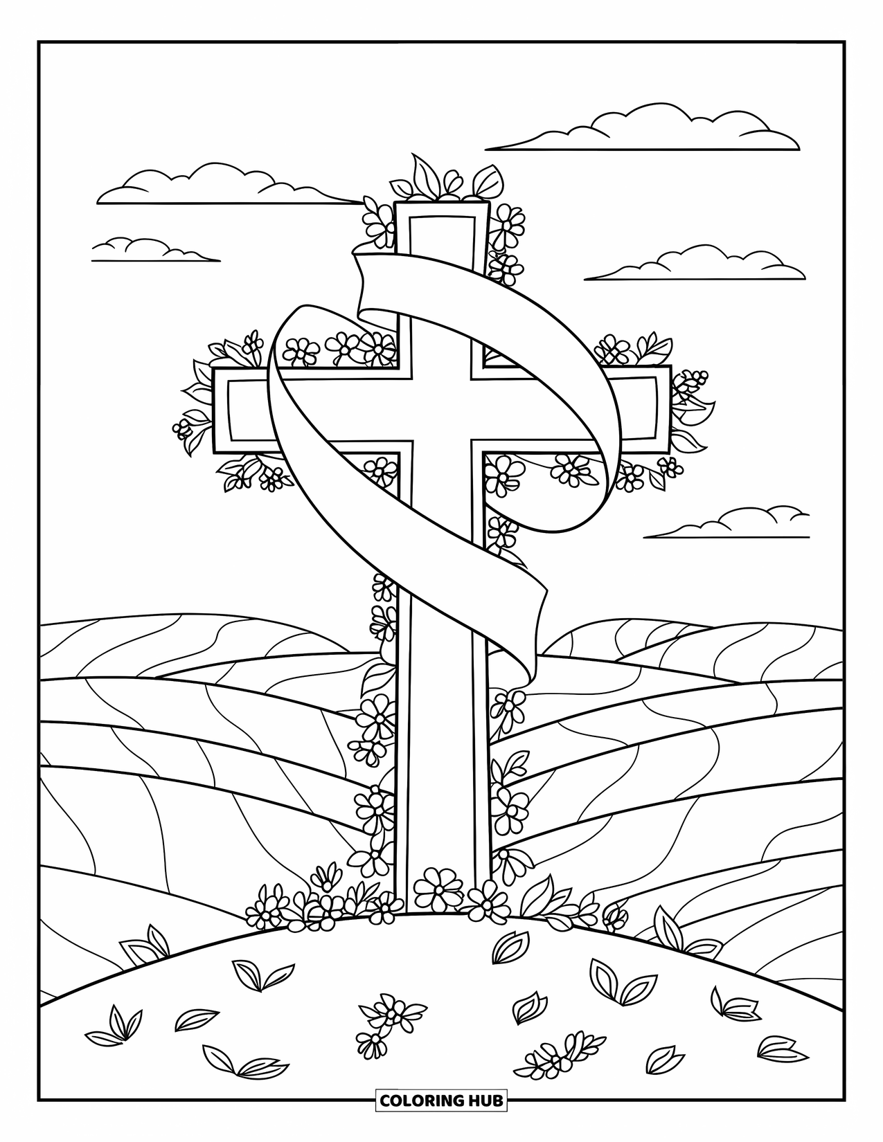 Cross Coloring Page for Kids: A cross with a banner on a hill under a cloudy sky with a wide, peaceful view