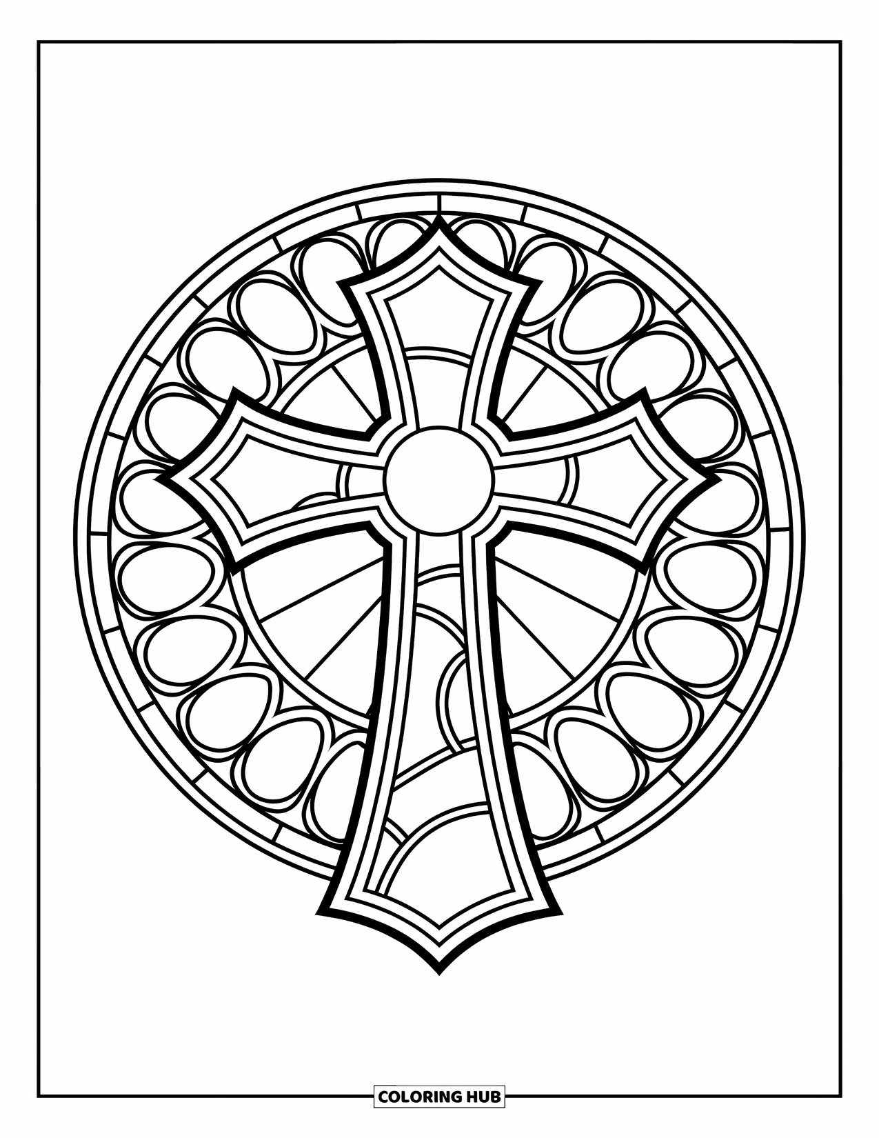 Cross Coloring Page for Kids: A decorative cross stands in front of a repeating stained-glass circle