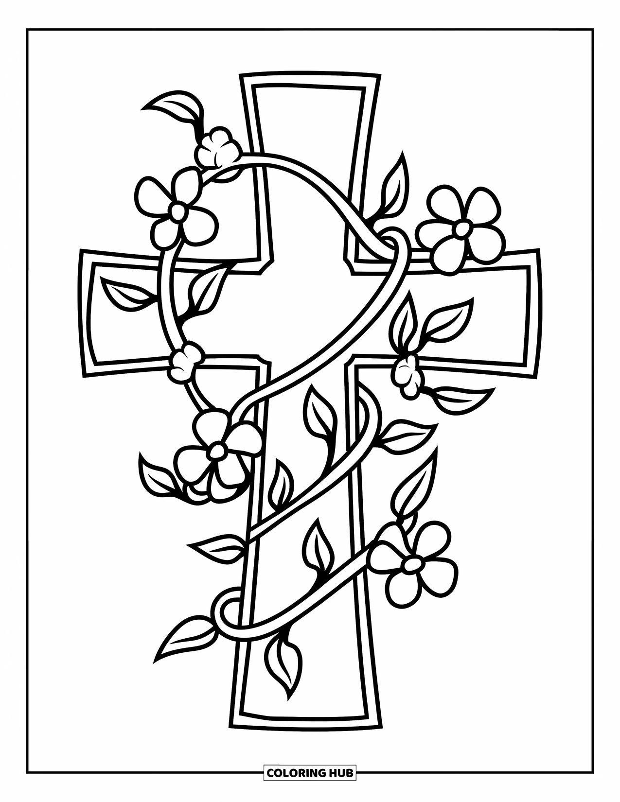 Cross Coloring Page for Kids: A flower-wrapped cross with clean lines on a plain white backdrop