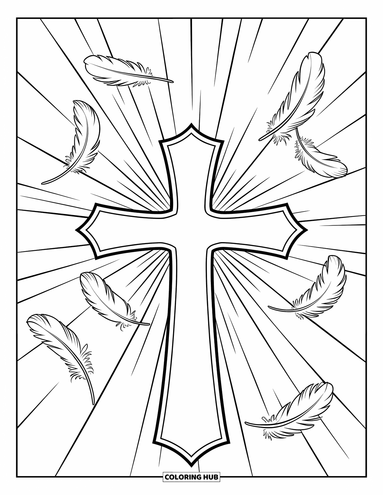 Cross Coloring Page for Kids: A glowing cross surrounded by light rays and gentle feathers