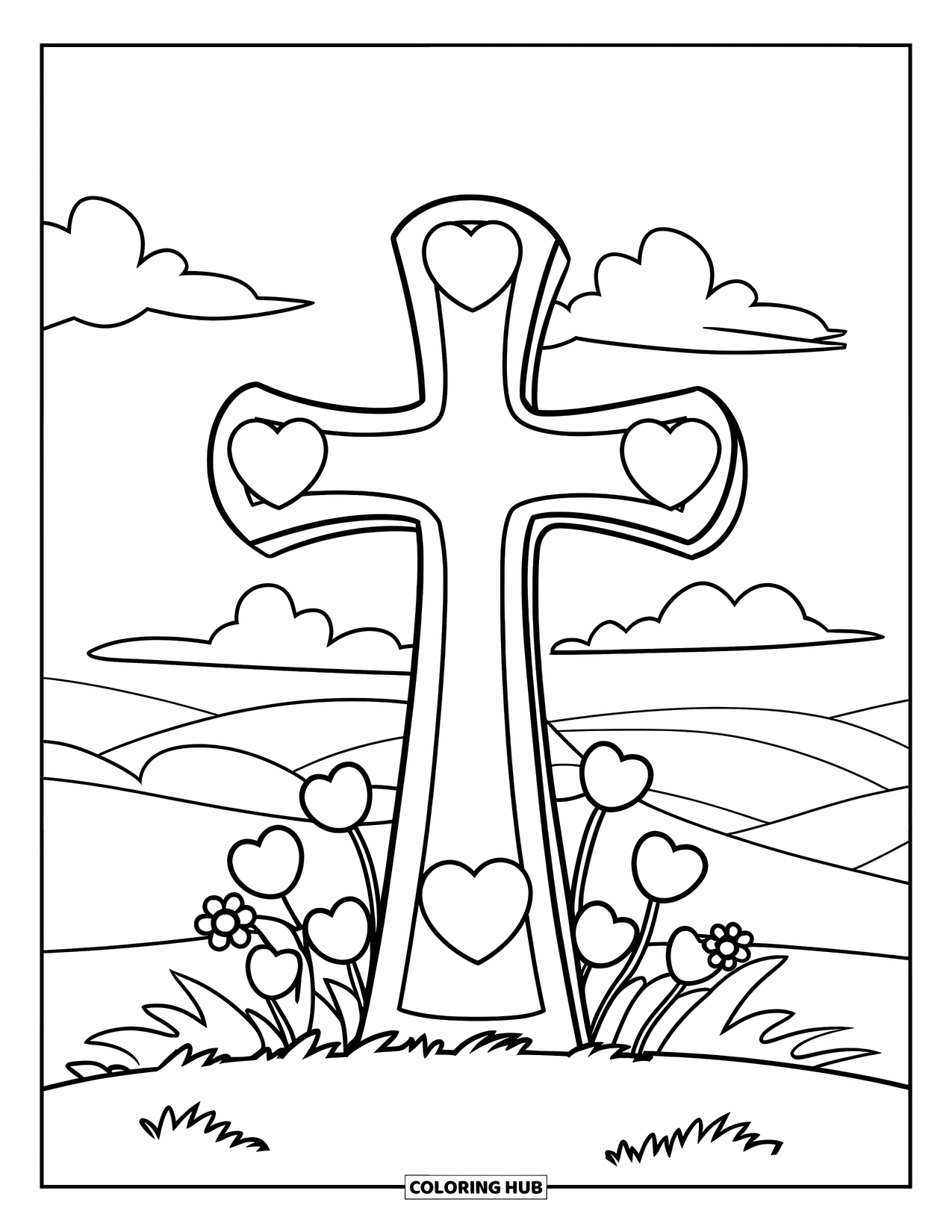 Cross Coloring Page for Kids: A grassy hill with a cross, hearts, and fluffy clouds above
