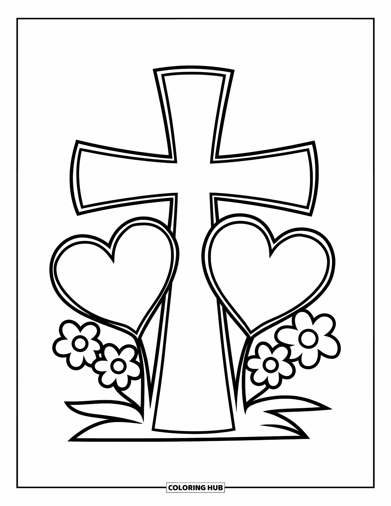 Cross Coloring Page for Kids: A happy cross with large hearts and tiny flowers nearby