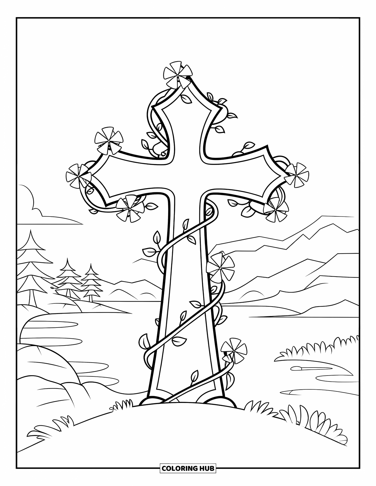 Cross Coloring Page for Kids: A hilltop cross entwined with flowers, set in a peaceful mountain and water scene