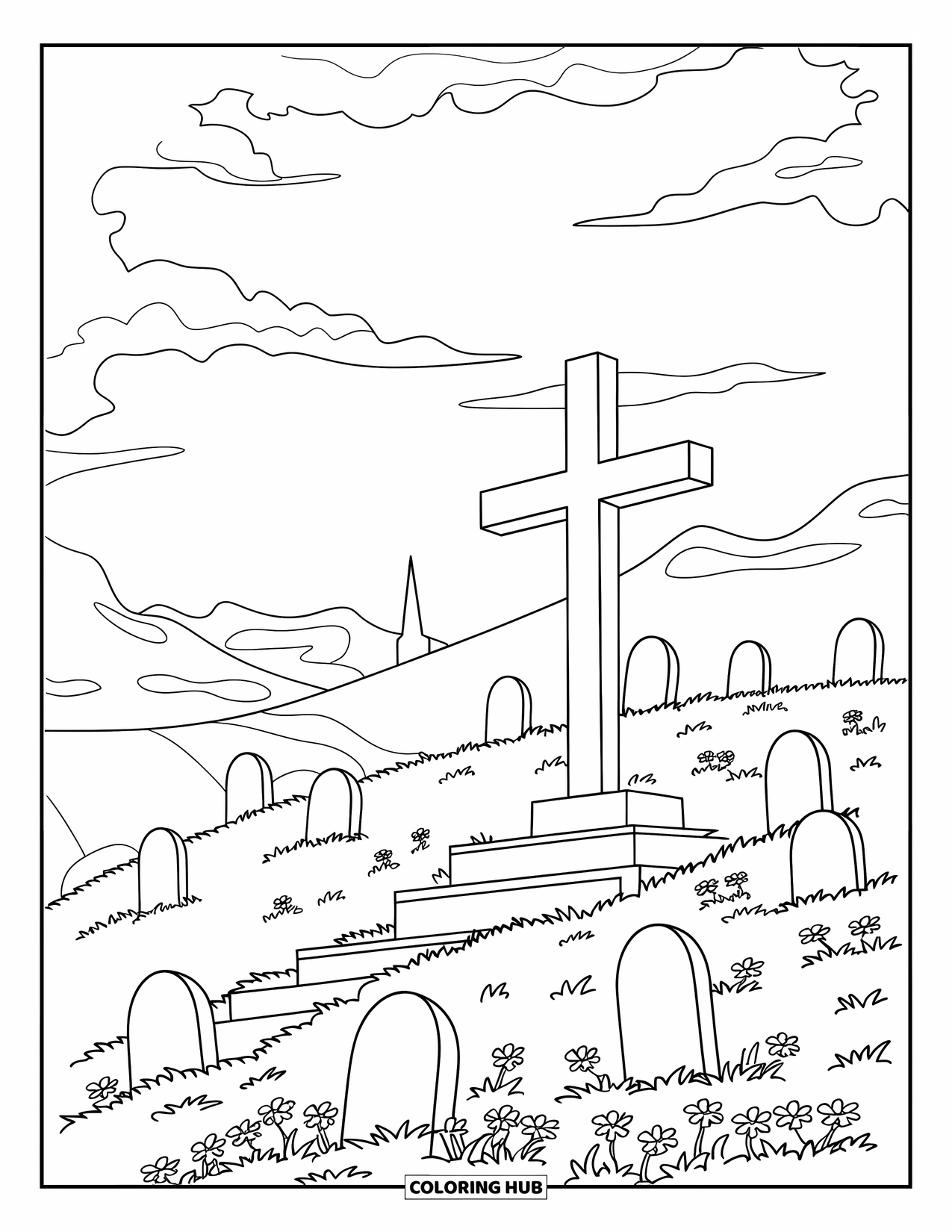 Cross Coloring Page for Kids: A large cross rises on a hill dotted with tombstones and flowers