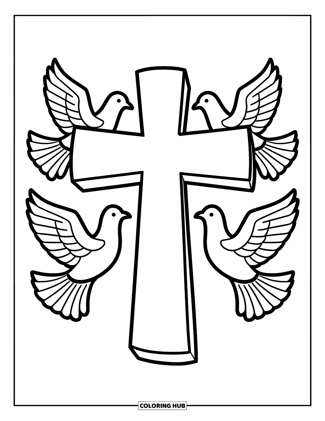 Cross Coloring Page for Kids: A large cross with four doves flying in a circle around it