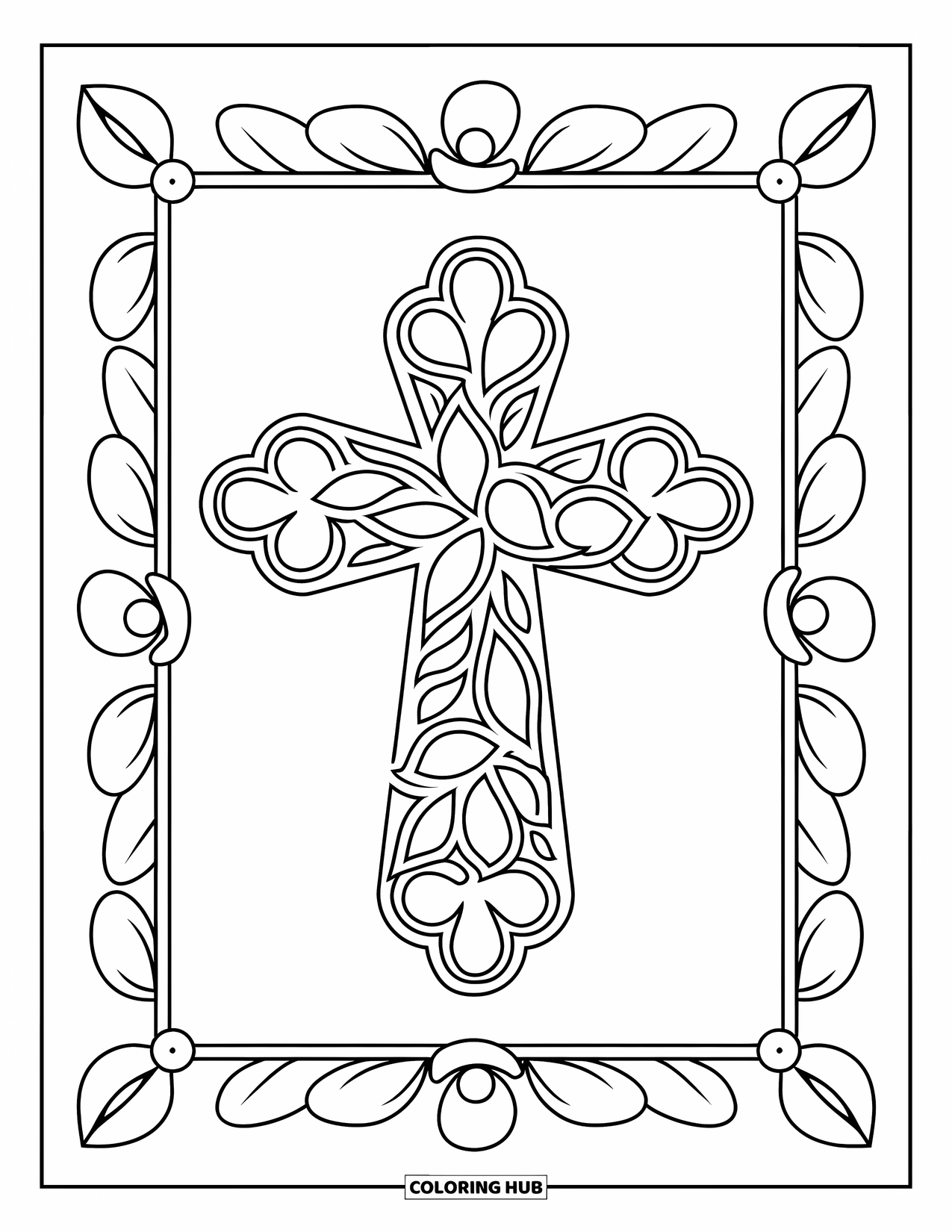 Cross Coloring Page for Kids: A leaf-swirl framed cross centered on a plain white space