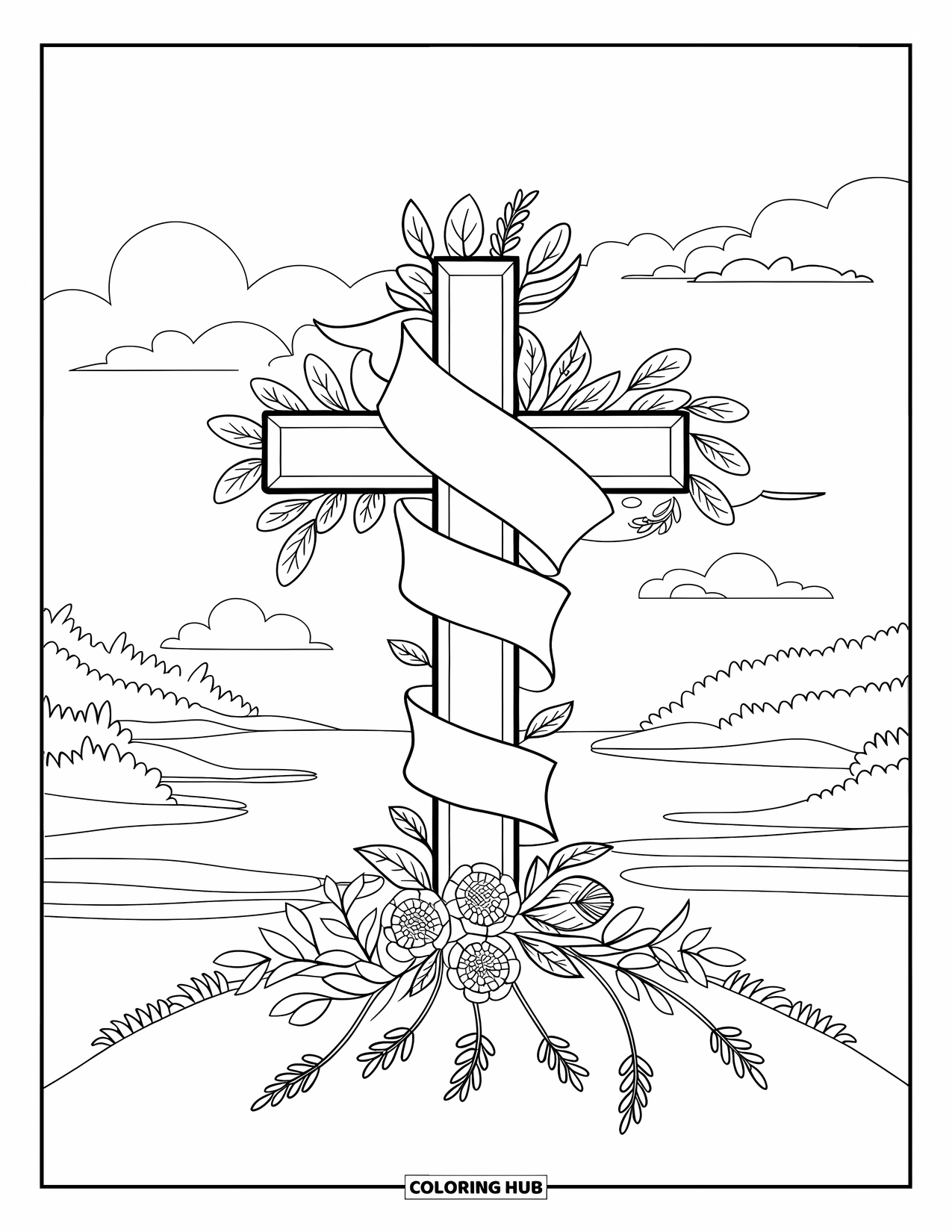 Cross Coloring Page for Kids: A peaceful hilltop cross scene with trees, water, clouds, and a floral banner