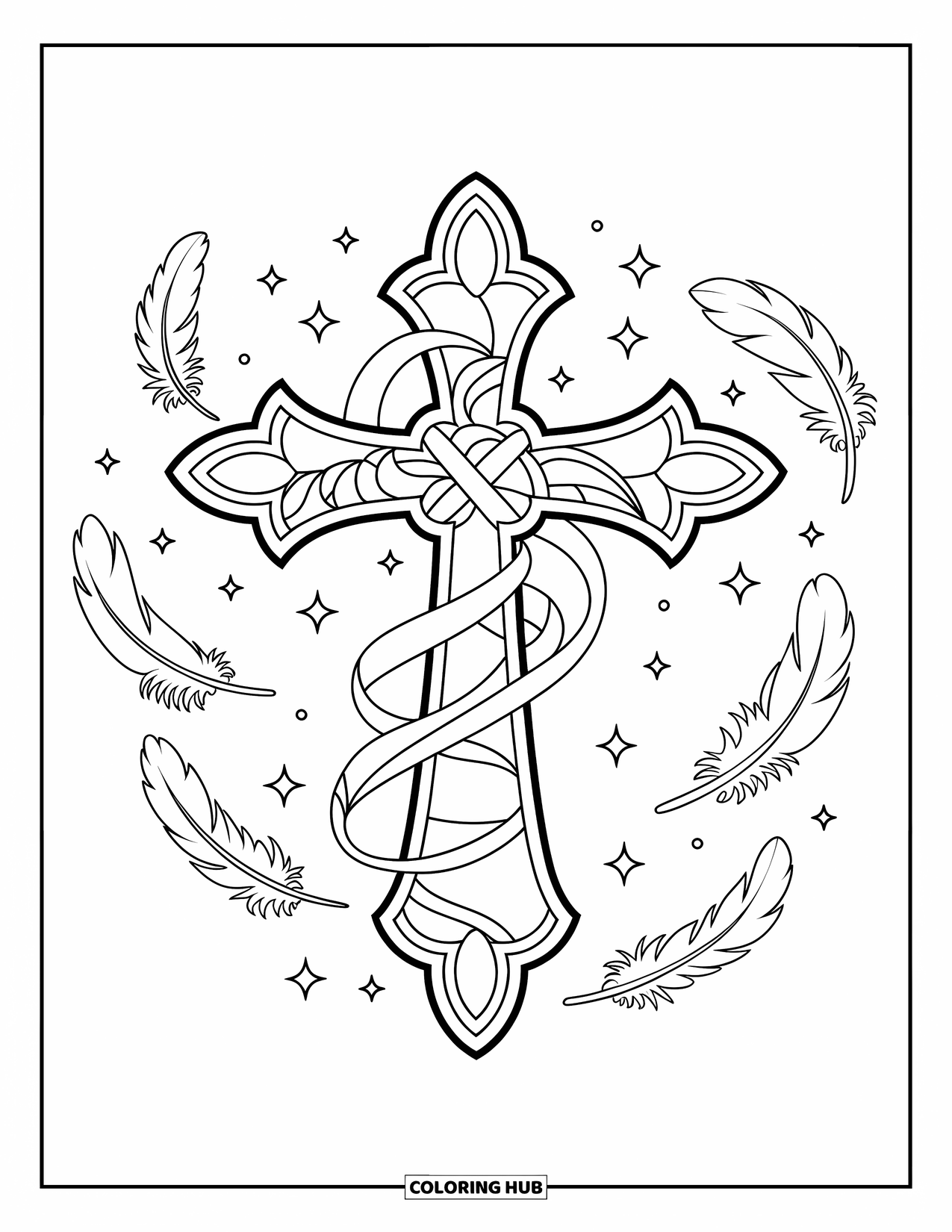 Cross Coloring Page for Kids: A ribbon-wrapped cross glows among soft feathers and scattered stars