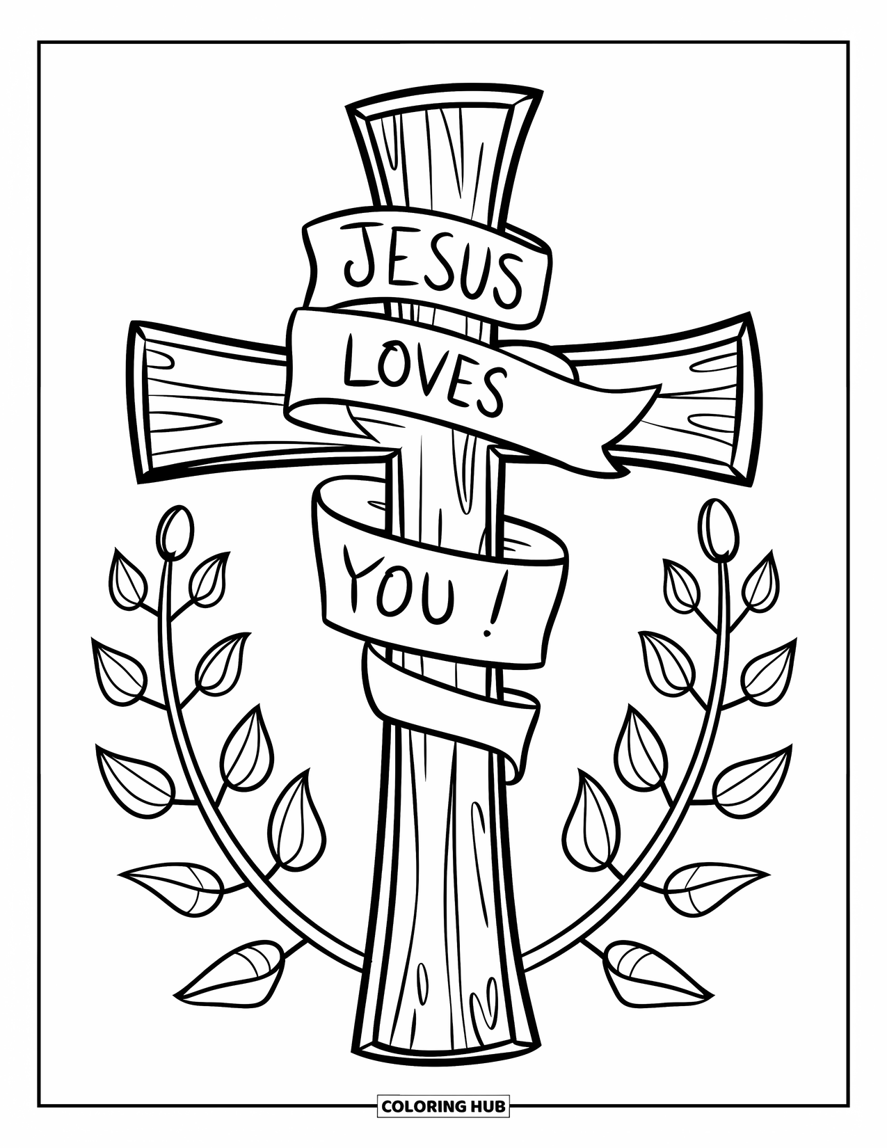 Cross Coloring Page for Kids: A rustic wooden cross with a "Jesus Loves You" banner and leafy floral sprigs