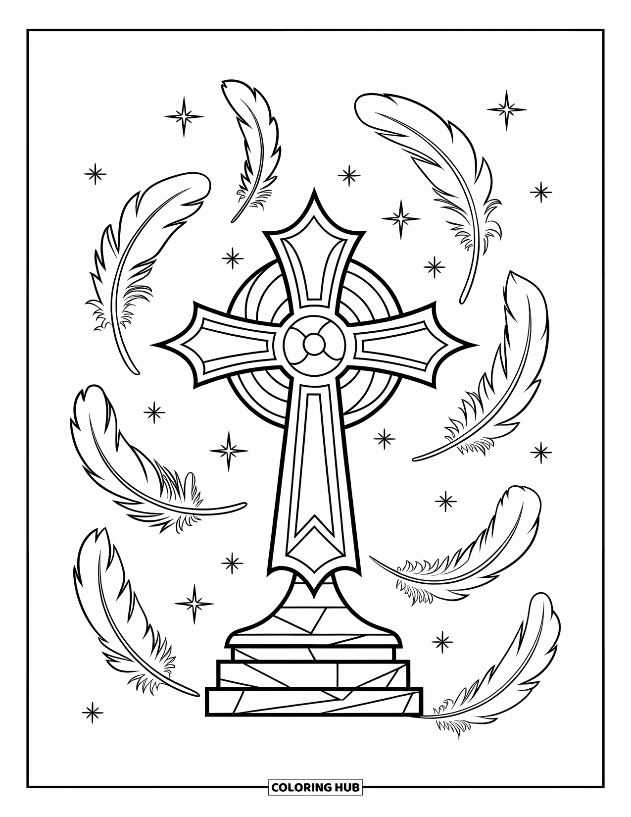 Cross Coloring Page for Kids: A stone base holds a detailed cross with feathers and scattered stars