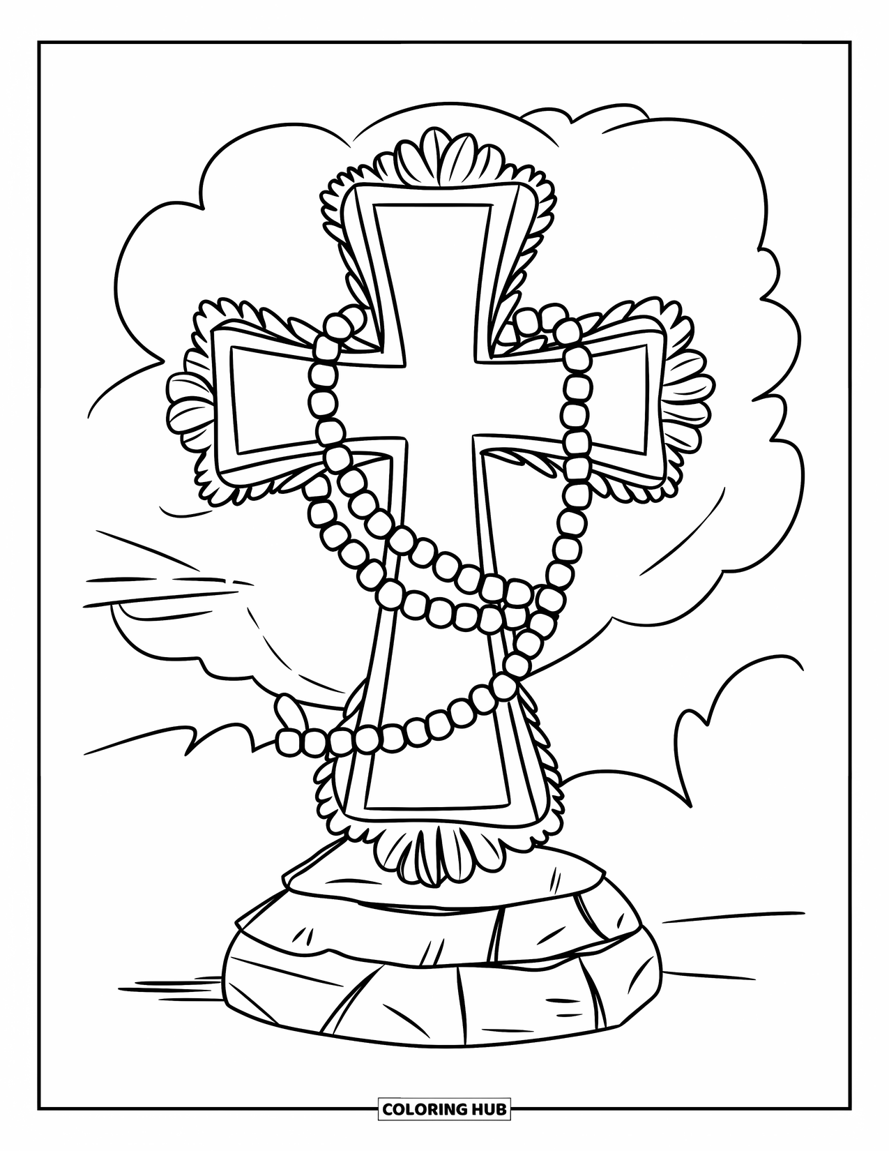 Cross Coloring Page for Kids: A stone base holds a rosary-wrapped cross with clouds in the sky