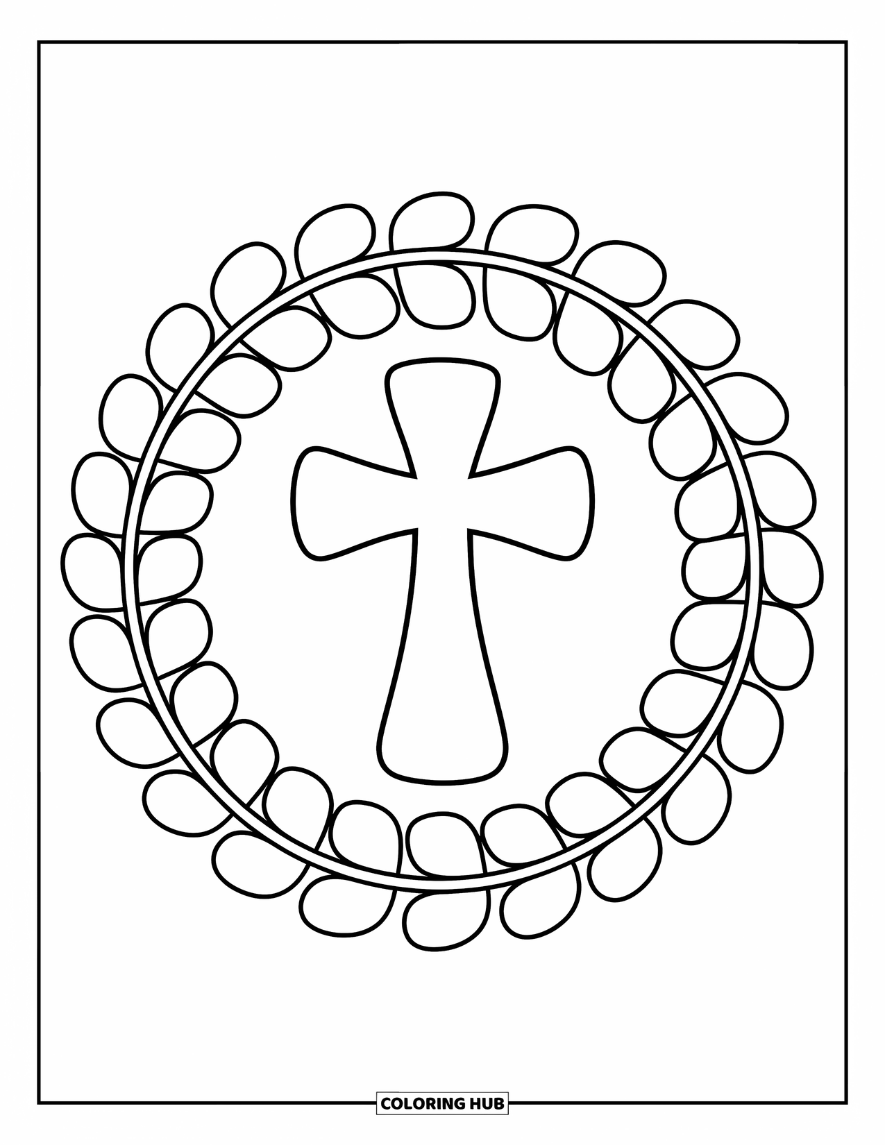 Cross Coloring Page for Kids: A swirly leaf and round shape frame around a central cross
