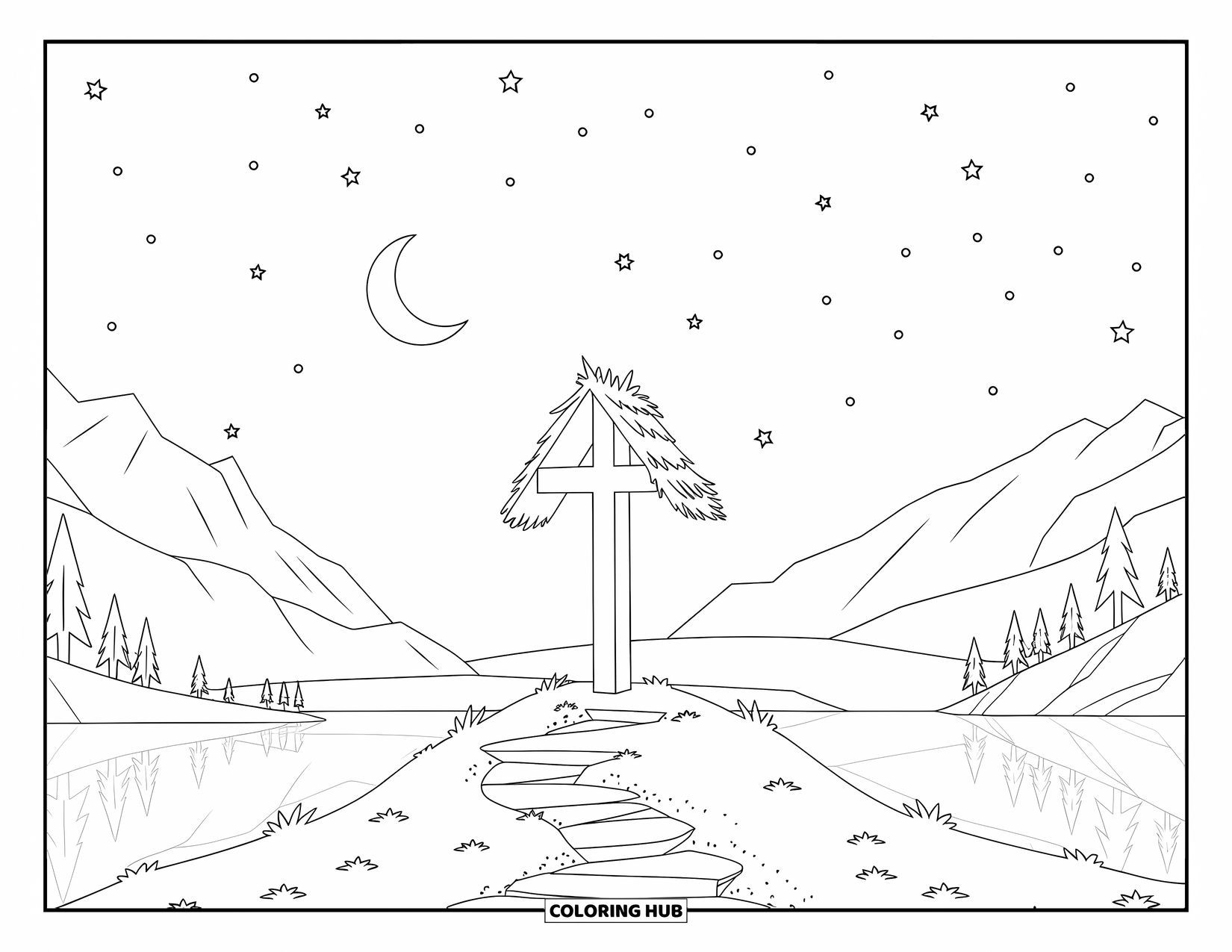 Cross Coloring Page for Kids: A thatched cross overlooks a lake from a hill beneath starry skies
