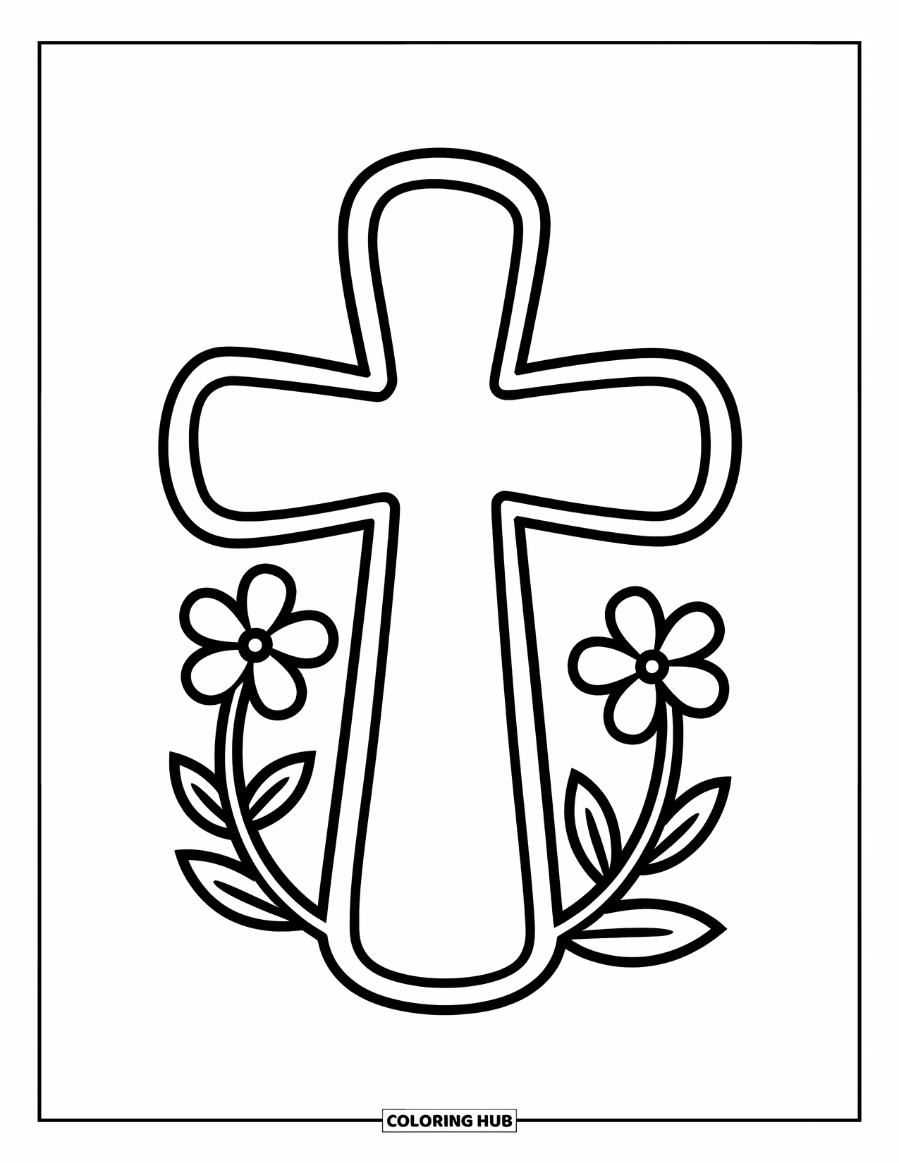 Cross Coloring Page for Kids: A thick-lined cross with soft flower vines below on a white backdrop