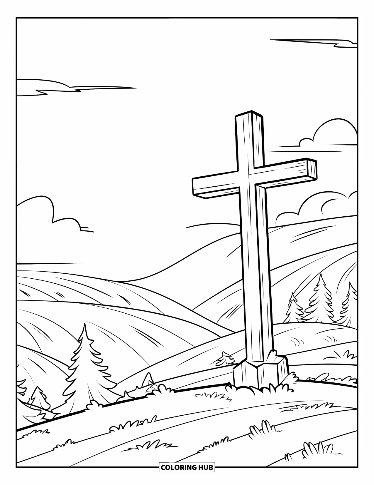 Cross Coloring Page for Kids: A weathered cross rises on a hill as clouds gather behind a steeple
