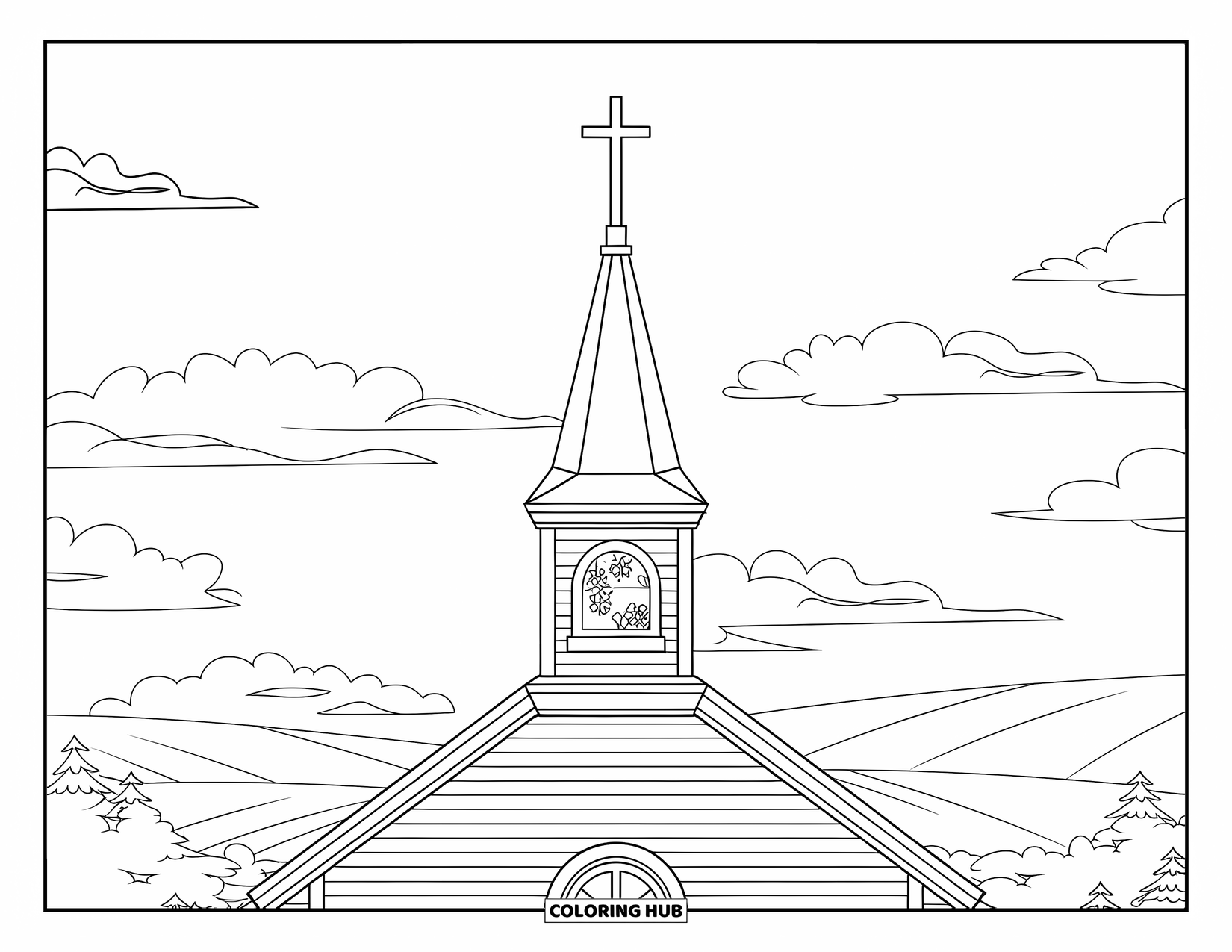 Cross Coloring Page for Kids: A window frames a church steeple with clouds floating above the hills