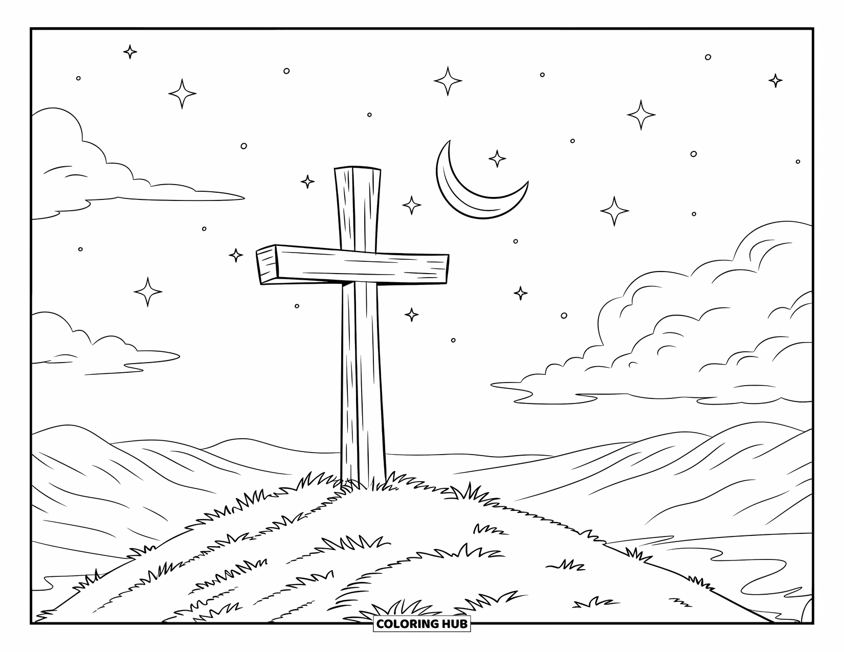 Cross Coloring Page for Kids: A wooden cross watches the stars from a quiet hilltop