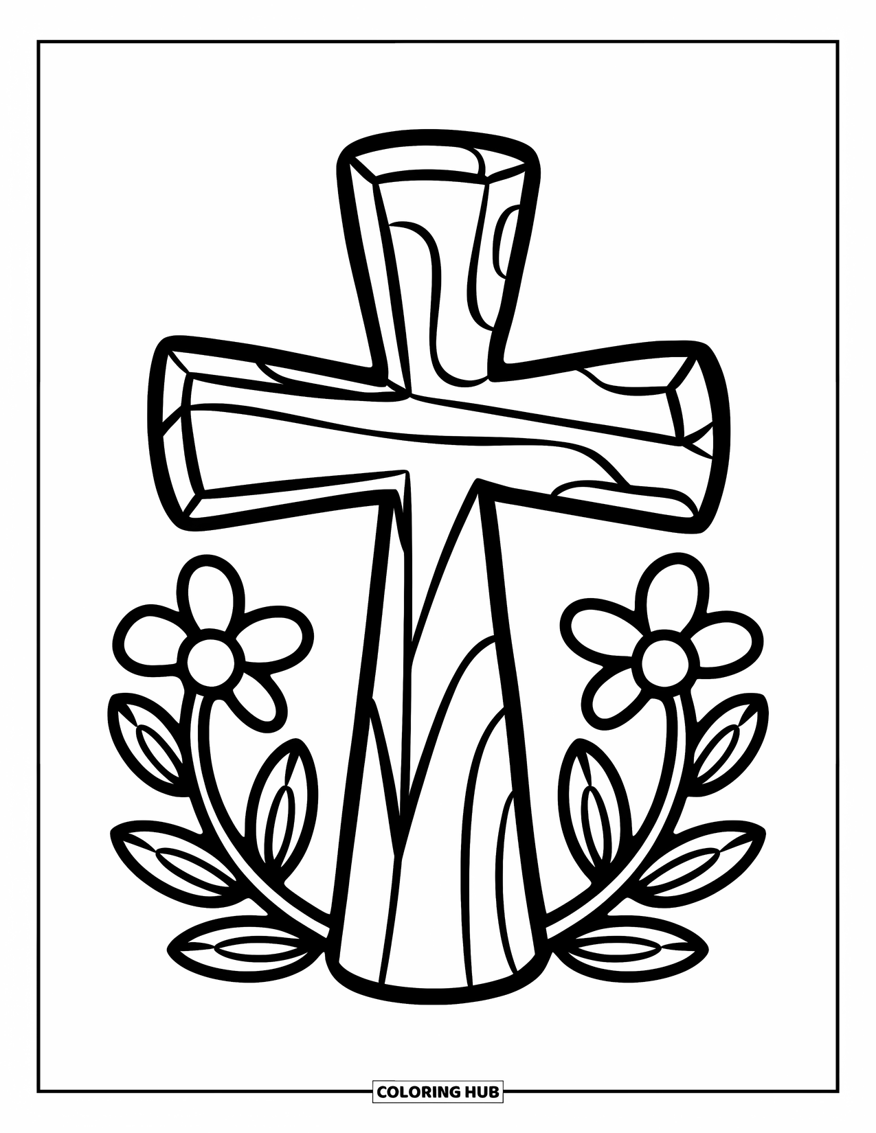 Cross Coloring Page for Kids: A wooden-style cross with gentle flower vines at the bottom