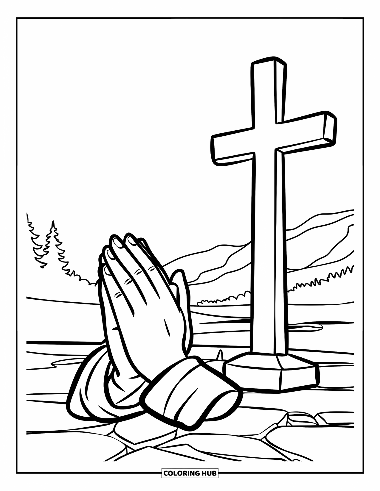 Cross Coloring Page for Kids: Hands rest in prayer beside a tall cross under a peaceful sky