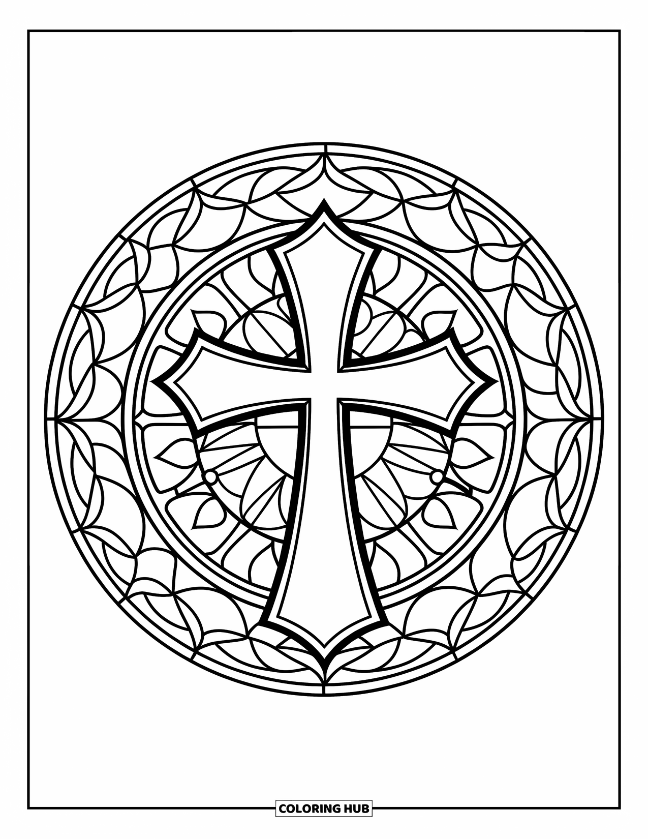 Cross Coloring Page for Kids: Repeating shapes and bold outlines form a stained-glass circle and cross