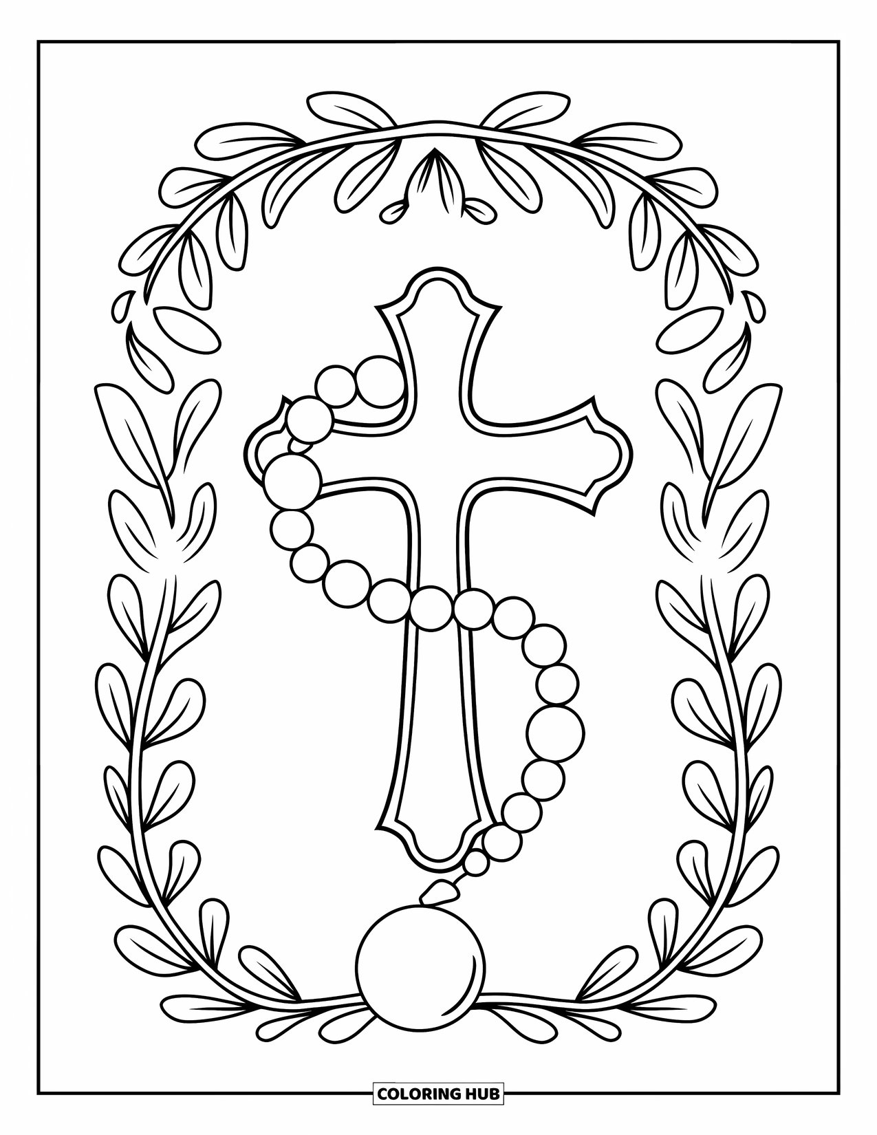 Cross Coloring Page for Kids: Rosary beads wrap around a cross framed by bold flowers and leaves