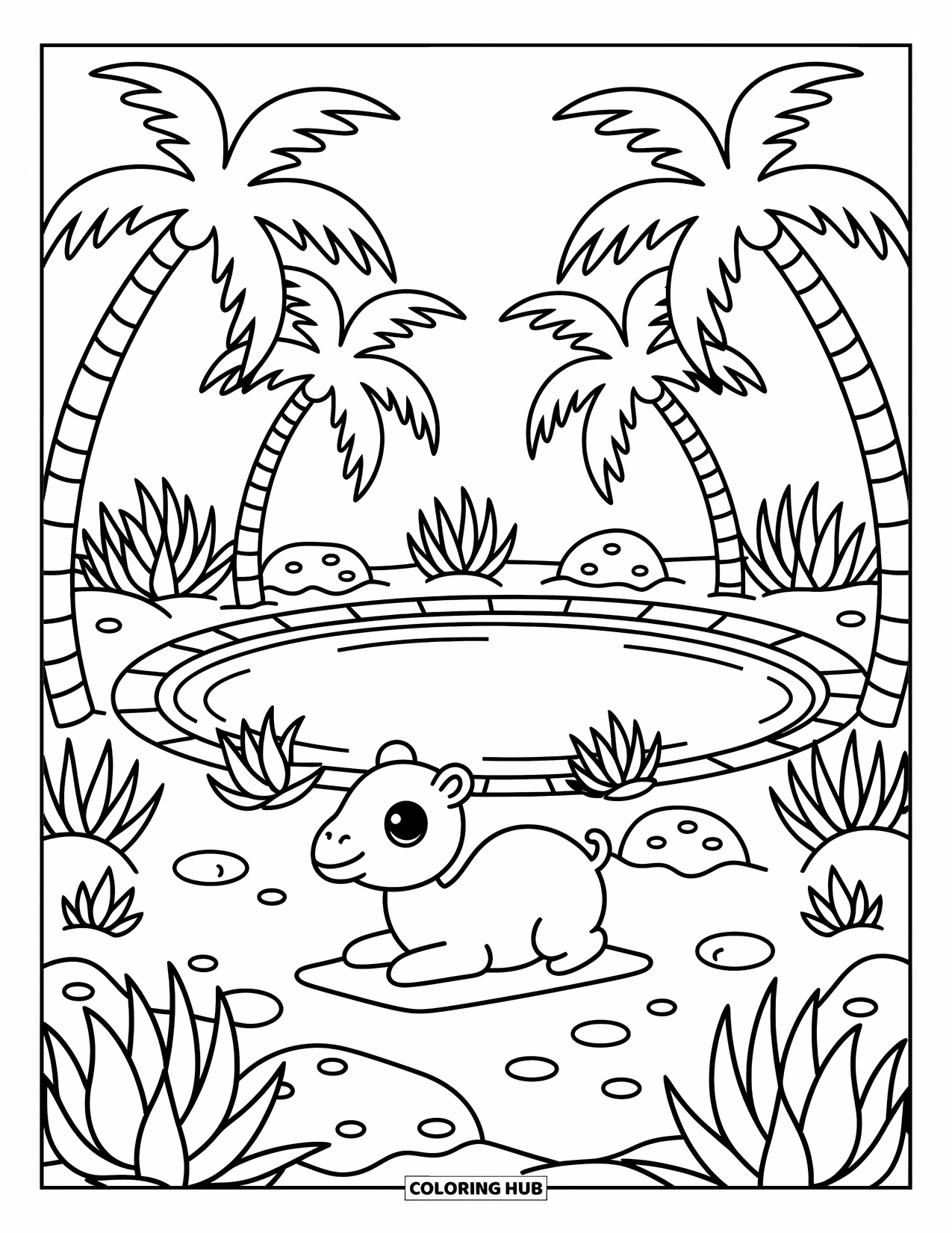 Desert Coloring Page for Adults: A baby camel relaxes near a pond in a peaceful palm-lined oasis