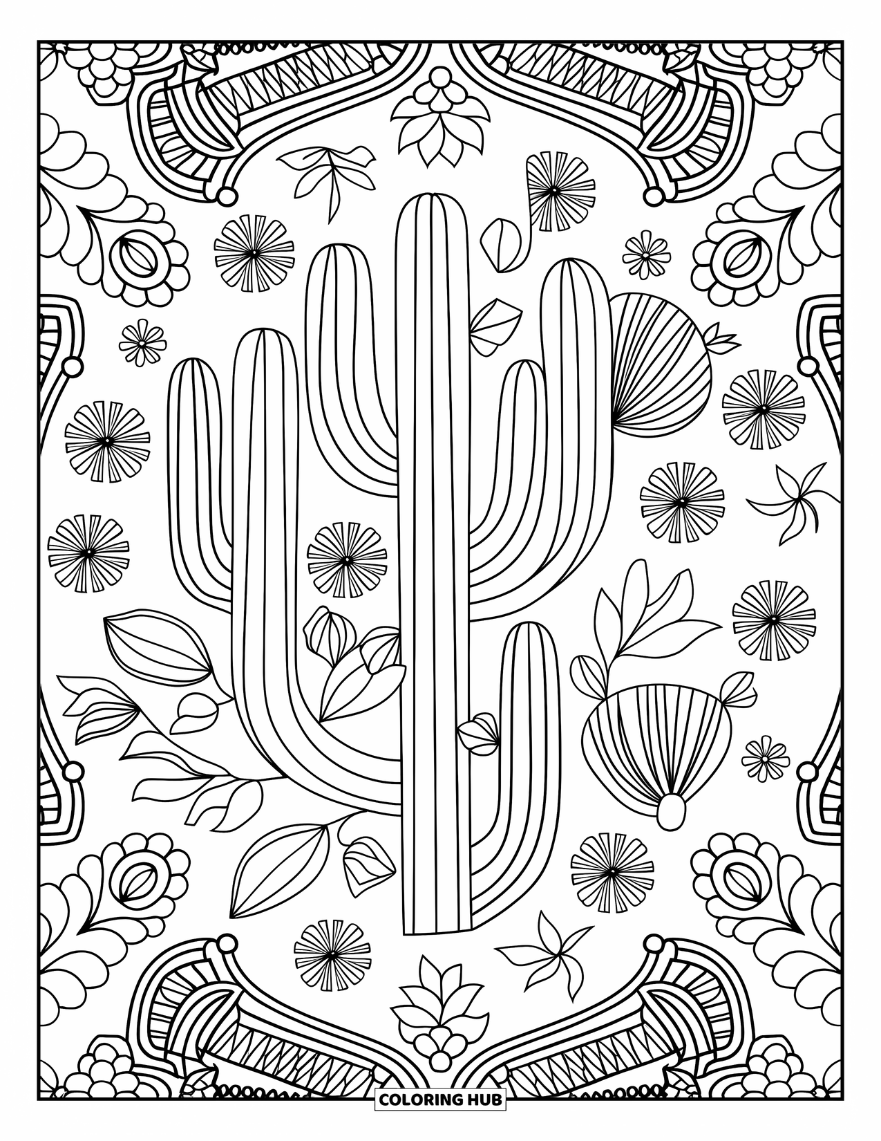 Desert Coloring Page for Adults: A blooming cactus sits at the heart of a detailed mandala design
