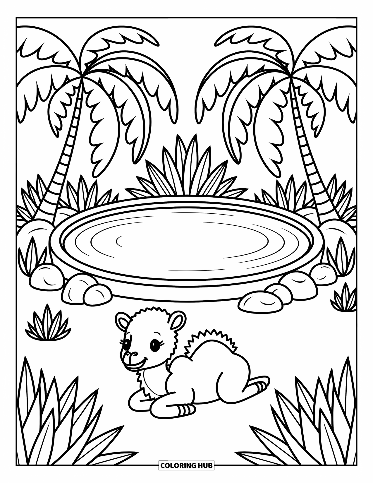Desert Coloring Page for Adults: A calm pond sits at the heart of an oasis with a baby camel resting nearby