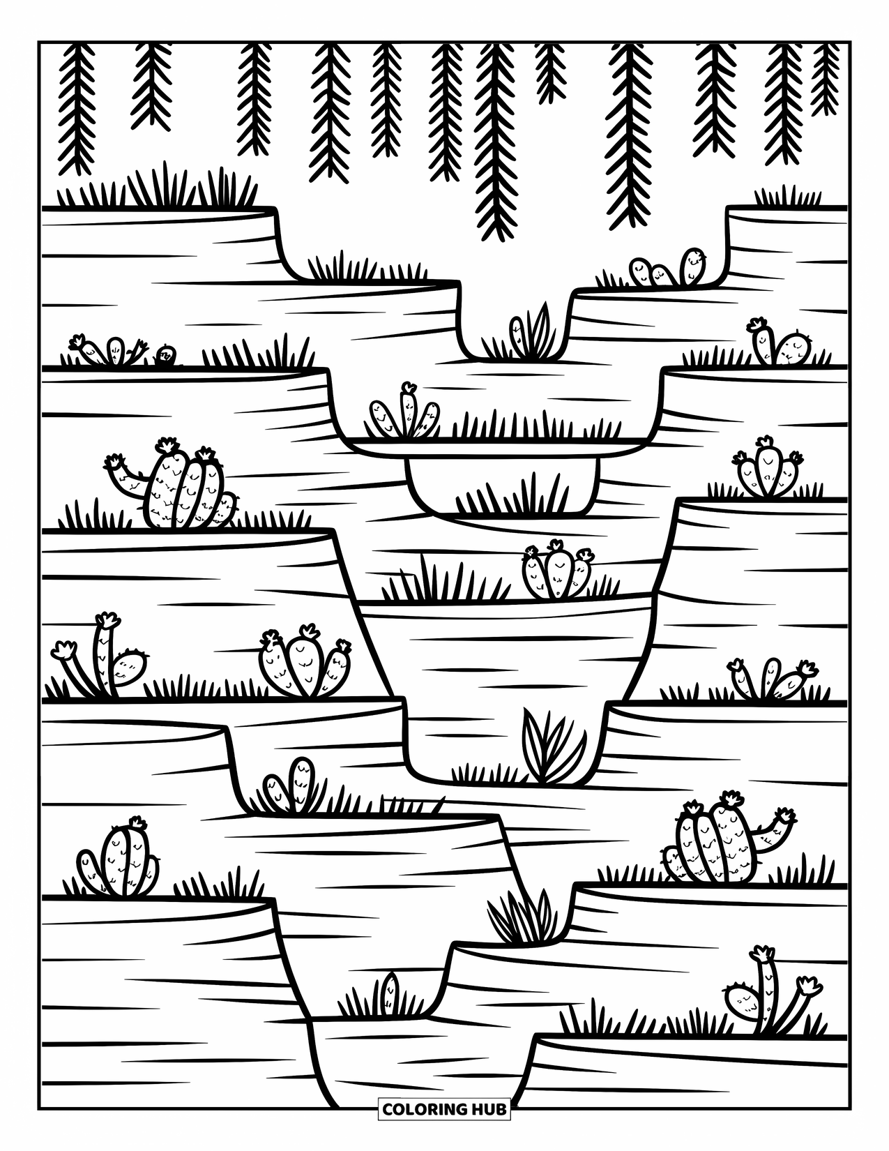 Desert Coloring Page for Adults: A canyon of stacked cliffs holds vines, flowers, and cheerful little birds