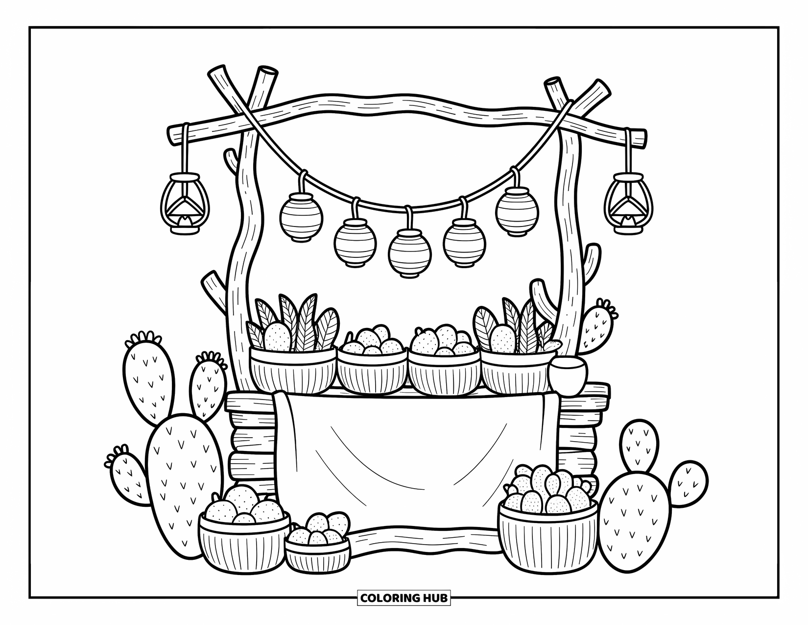 Desert Coloring Page for Adults: A cozy market stall offers baskets of goods with hanging lanterns and cheerful cacti