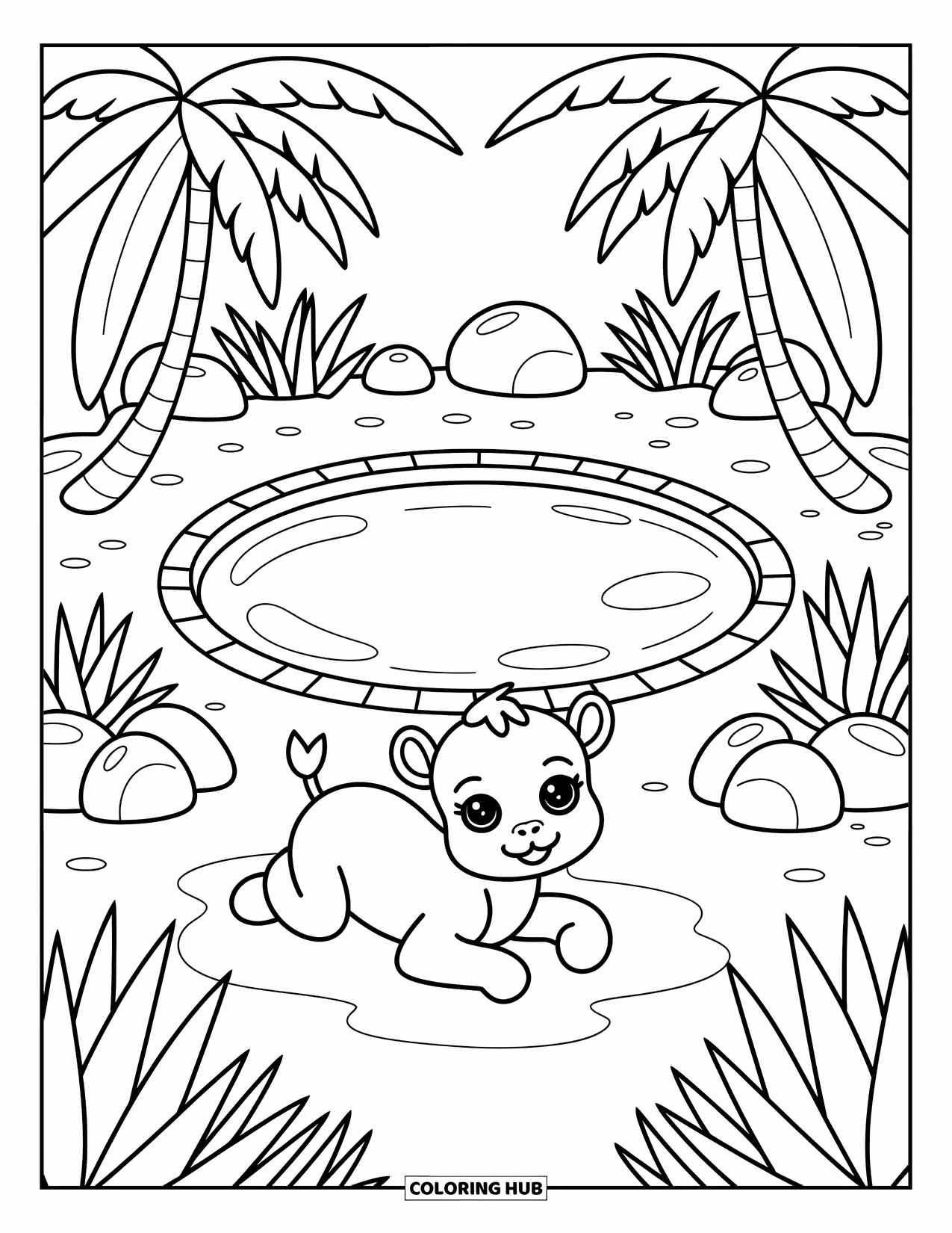 Desert Coloring Page for Adults: A cozy oasis with aloe plants and palms surrounds a playful baby camel