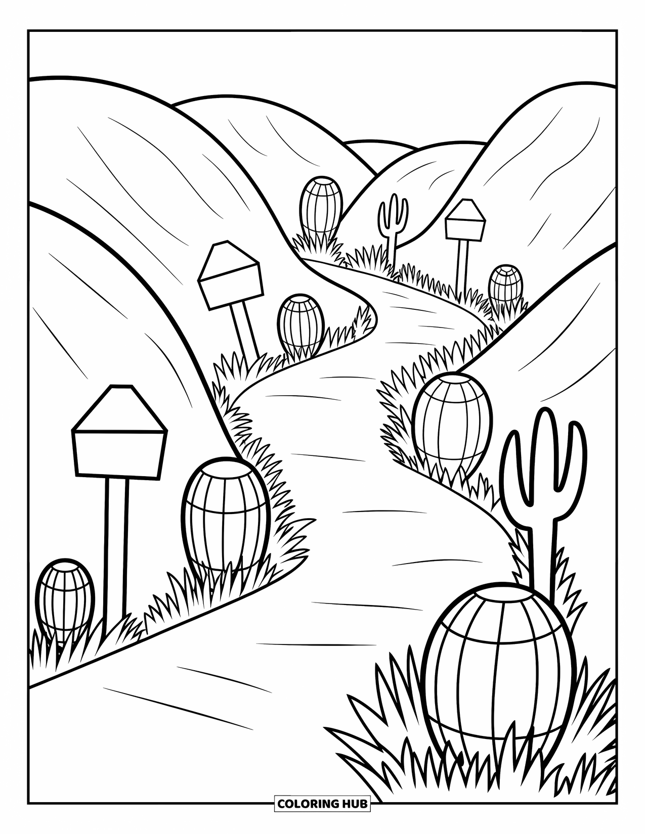 Desert Coloring Page for Adults: A cozy trail winds between hills with playful signs, cacti, and tufts of grass