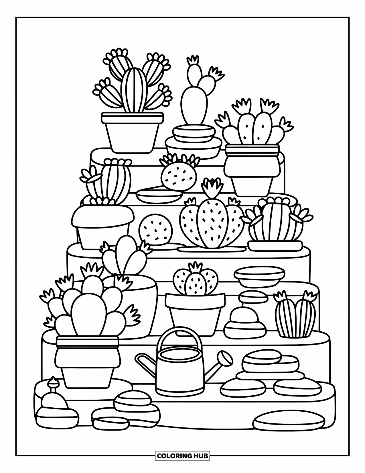 Desert Coloring Page for Adults: A cute watering can rests near cacti and flowers in a tiered desert garden